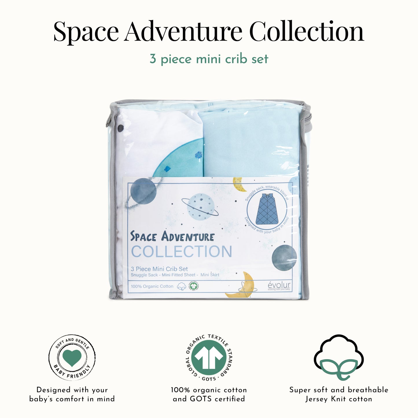 Evolur Space Adventure 3 Piece Mini Crib Bedding Set