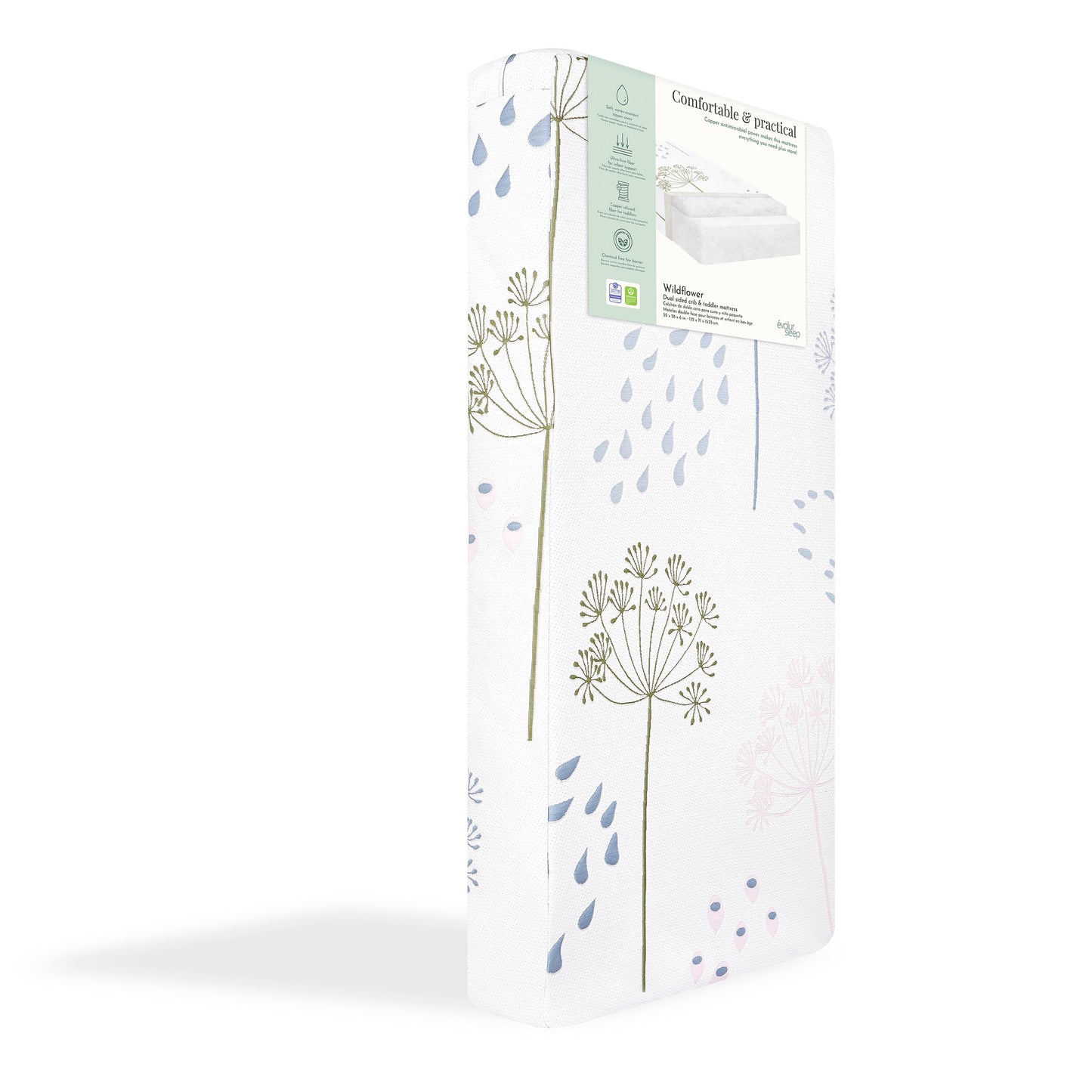 Dream On Me Wildflower 2-in-1 Infant & Toddler Mattress, Floral Print