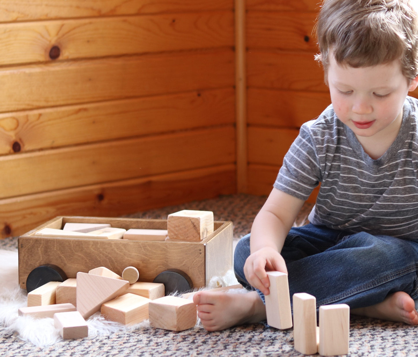 Amish Wooden Toddler Pull Wagon Toy with Wood Building Blocks