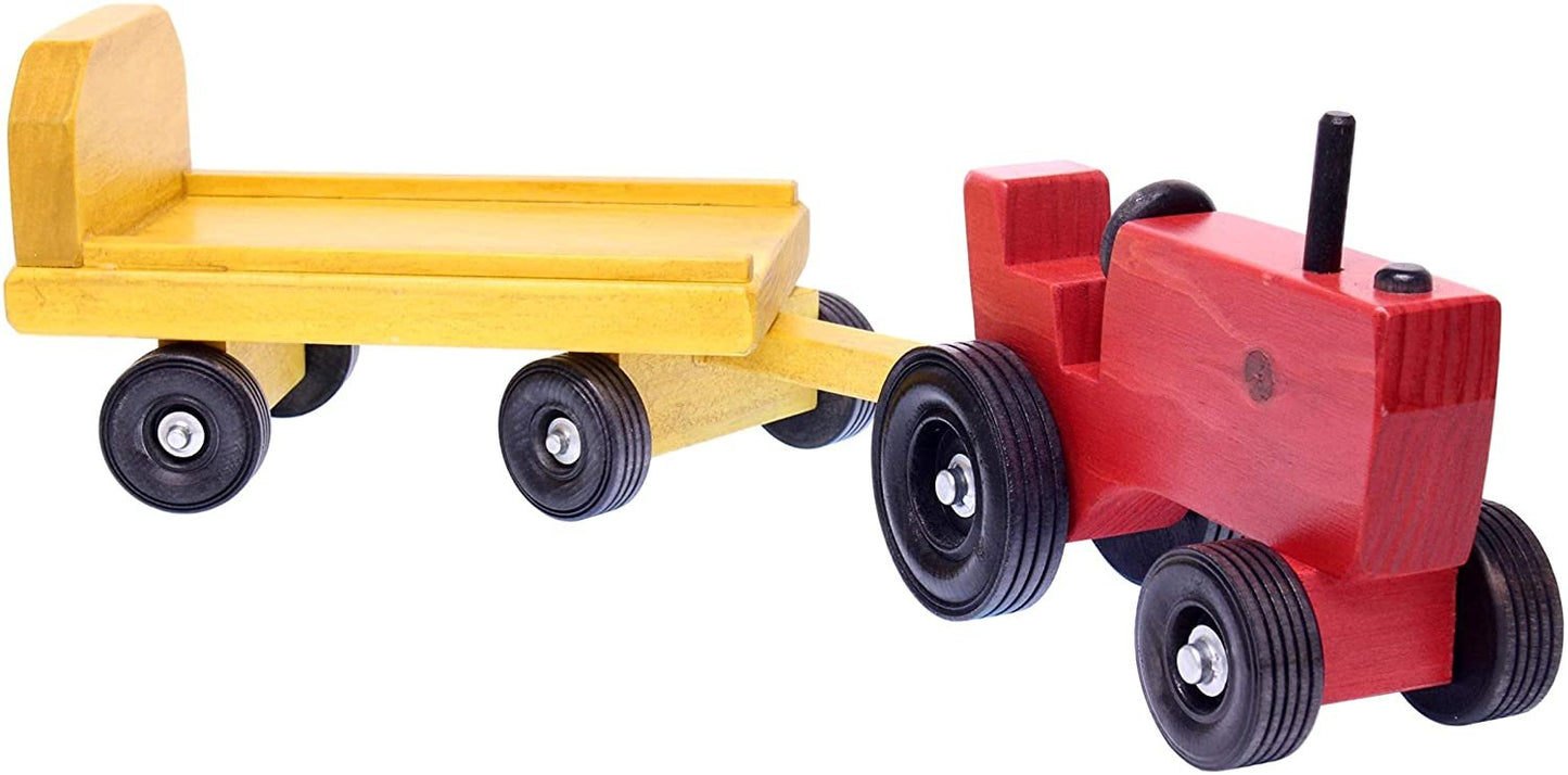 Amish Wooden Toy Tractor and Wagon Set with Hay Bales