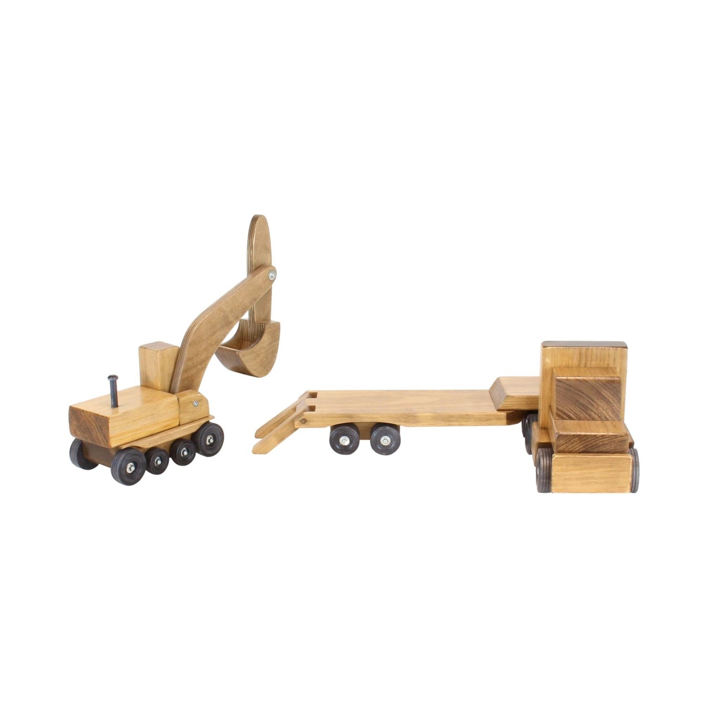 Amish Large Wooden Toy Truck & Low Boy Flatbed Trailer with Excavator Set