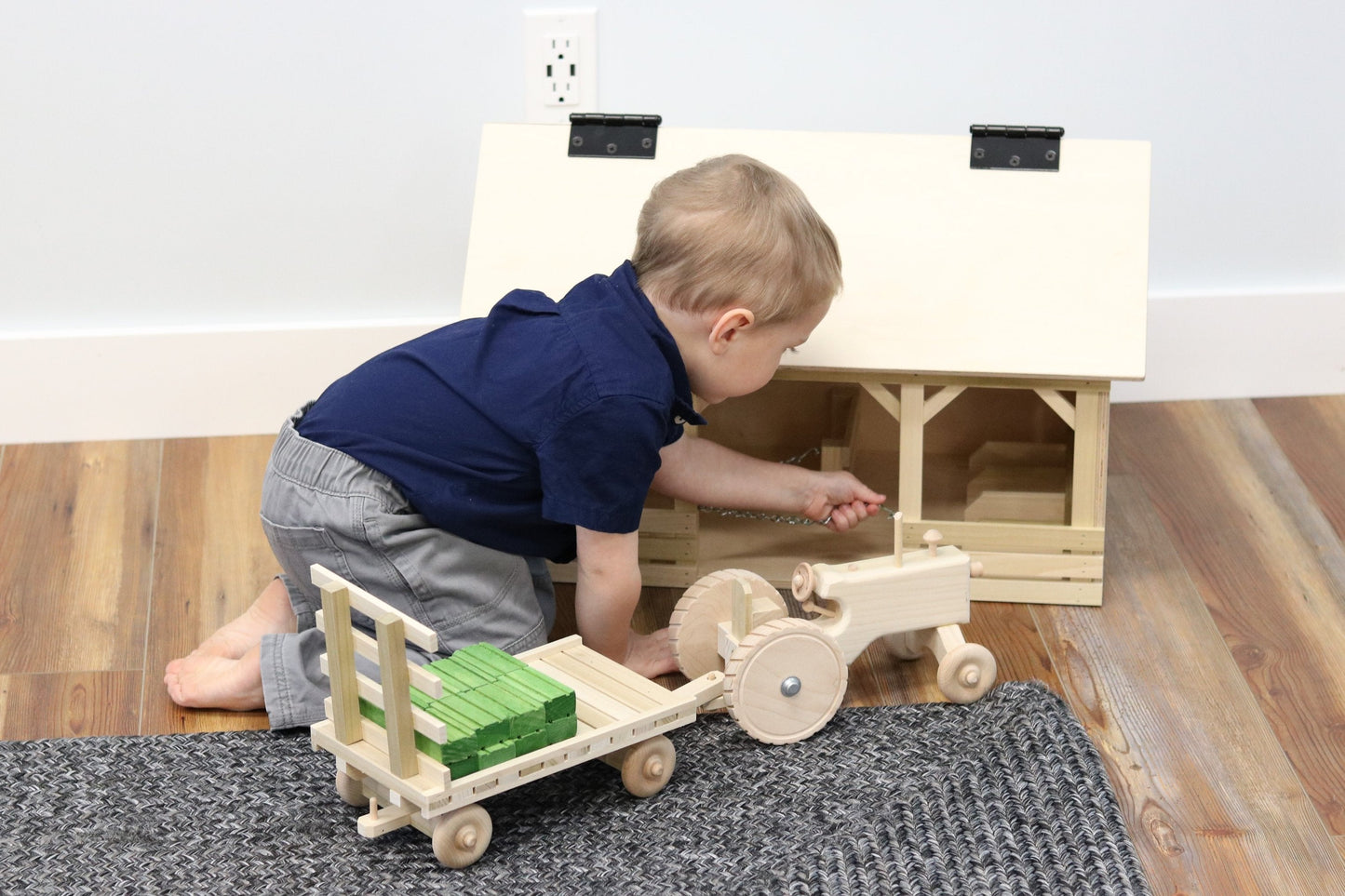 Amish Wooden Toy Tractor & Hay Wagon Set with Hay Bales