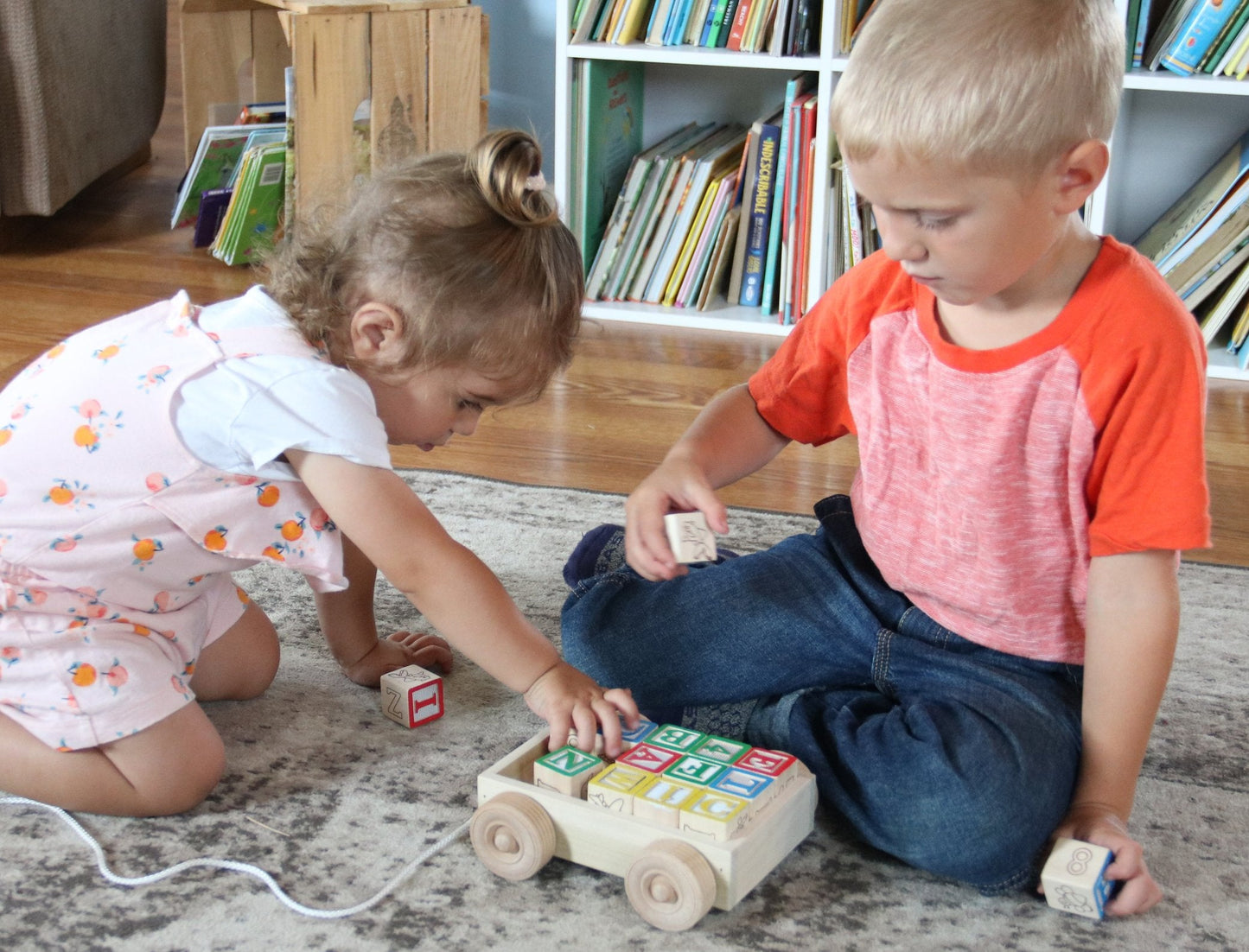 Amish Wooden ABC Block Toddler Pull-String Wagon Toy