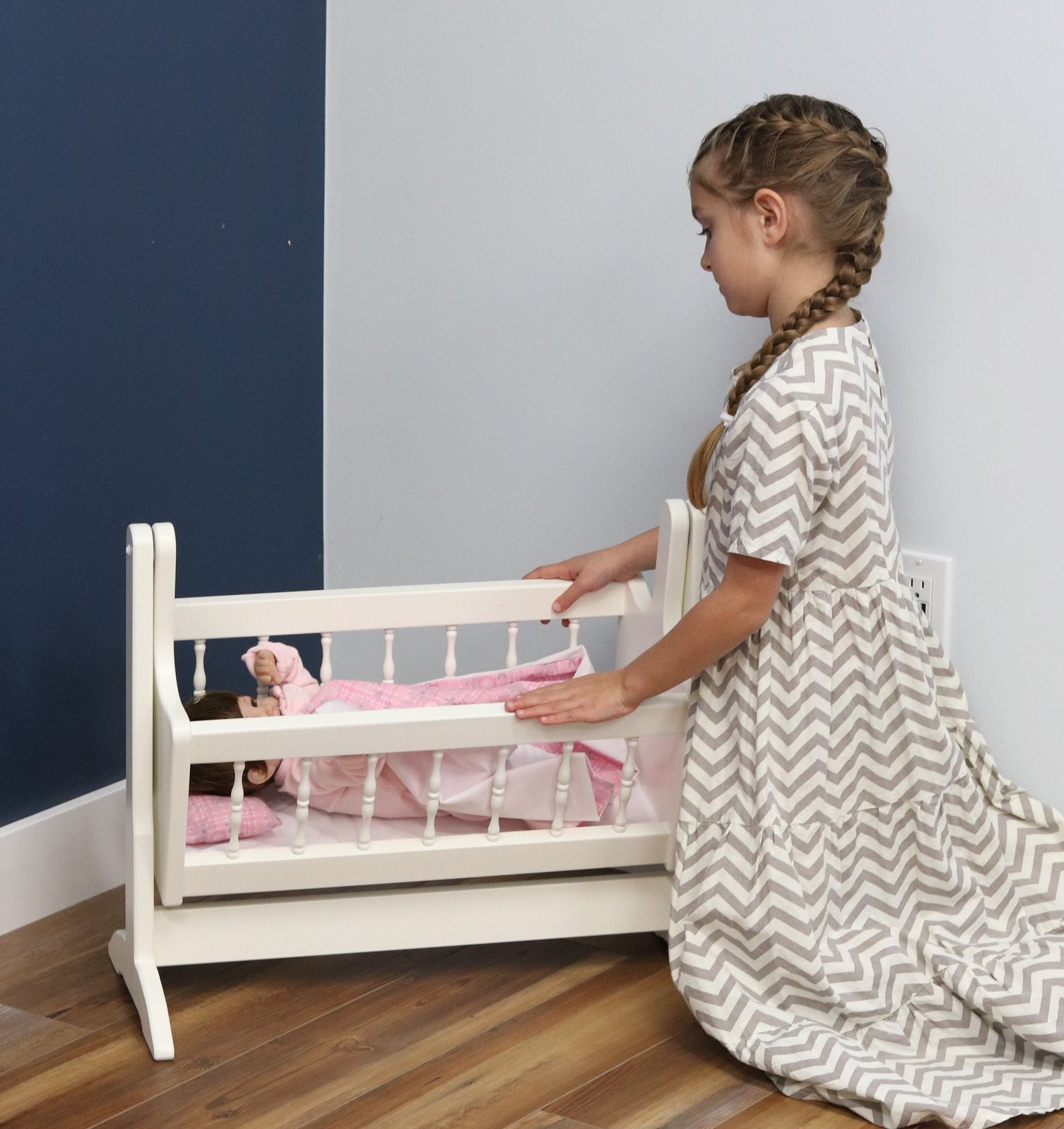 Amish Wooden Deluxe Doll Swinging Cradle with Bedding