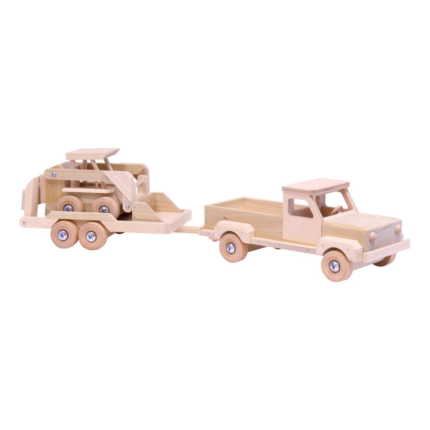 Amish Wooden Toy Pickup Truck and Flatbed Trailer with Skidloader Set