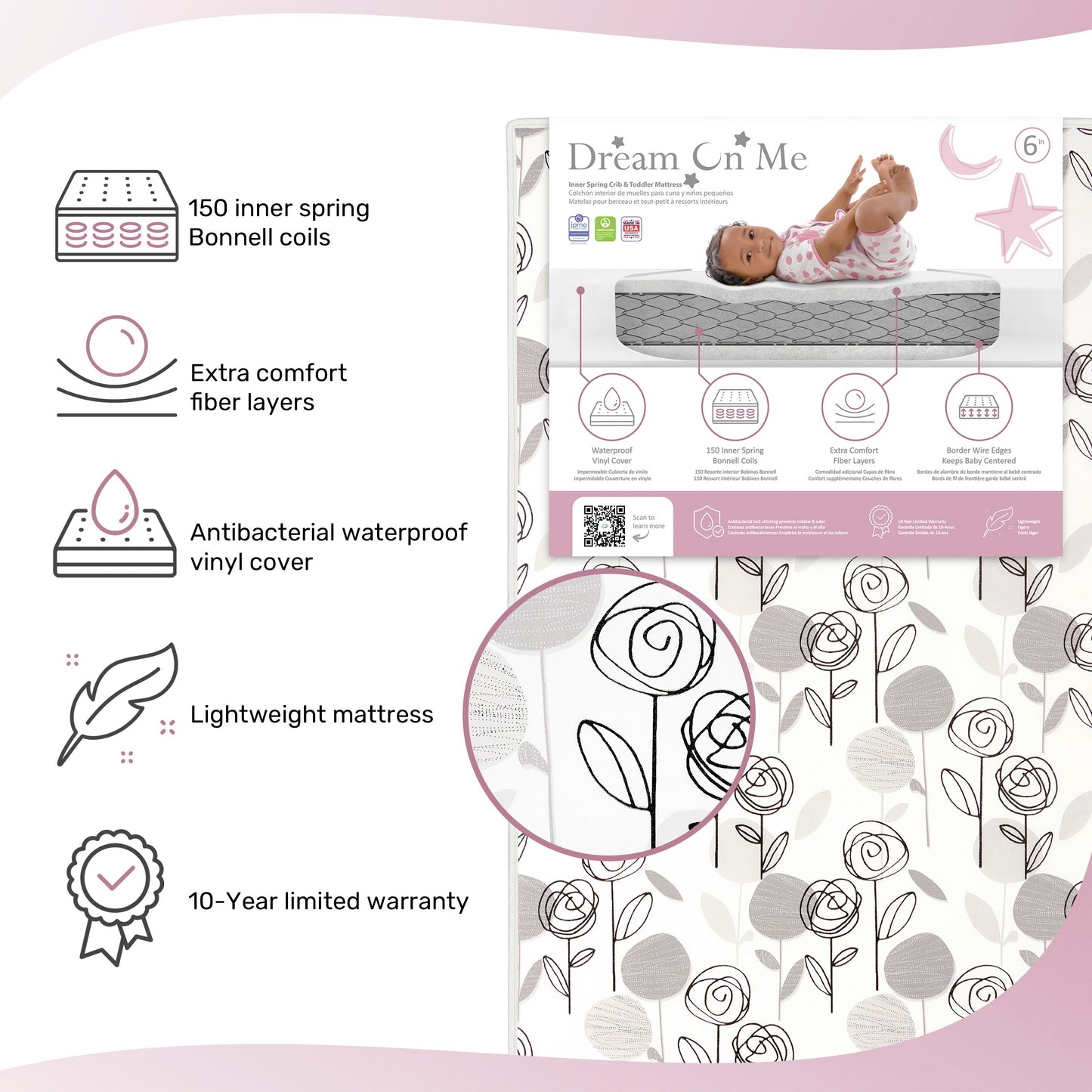 Dream On Me Endless Roses Crib and Toddler mattress