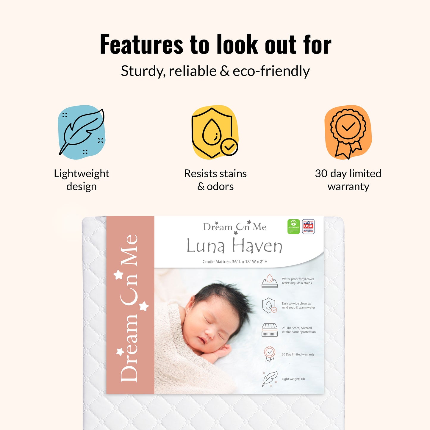 Dream On Me Luna/ Haven 2 inch Fiber Cradle Mattress