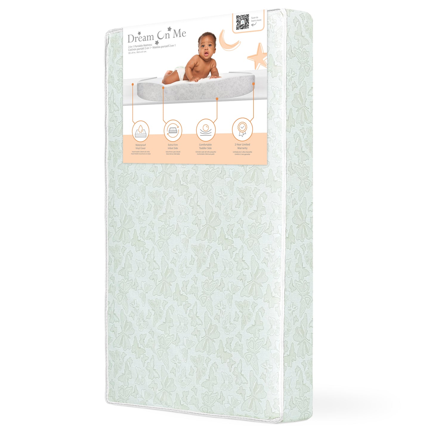 Dream On Me Butterfly 3 Inch Two-Sided Fiber Portable Mini Crib Mattress