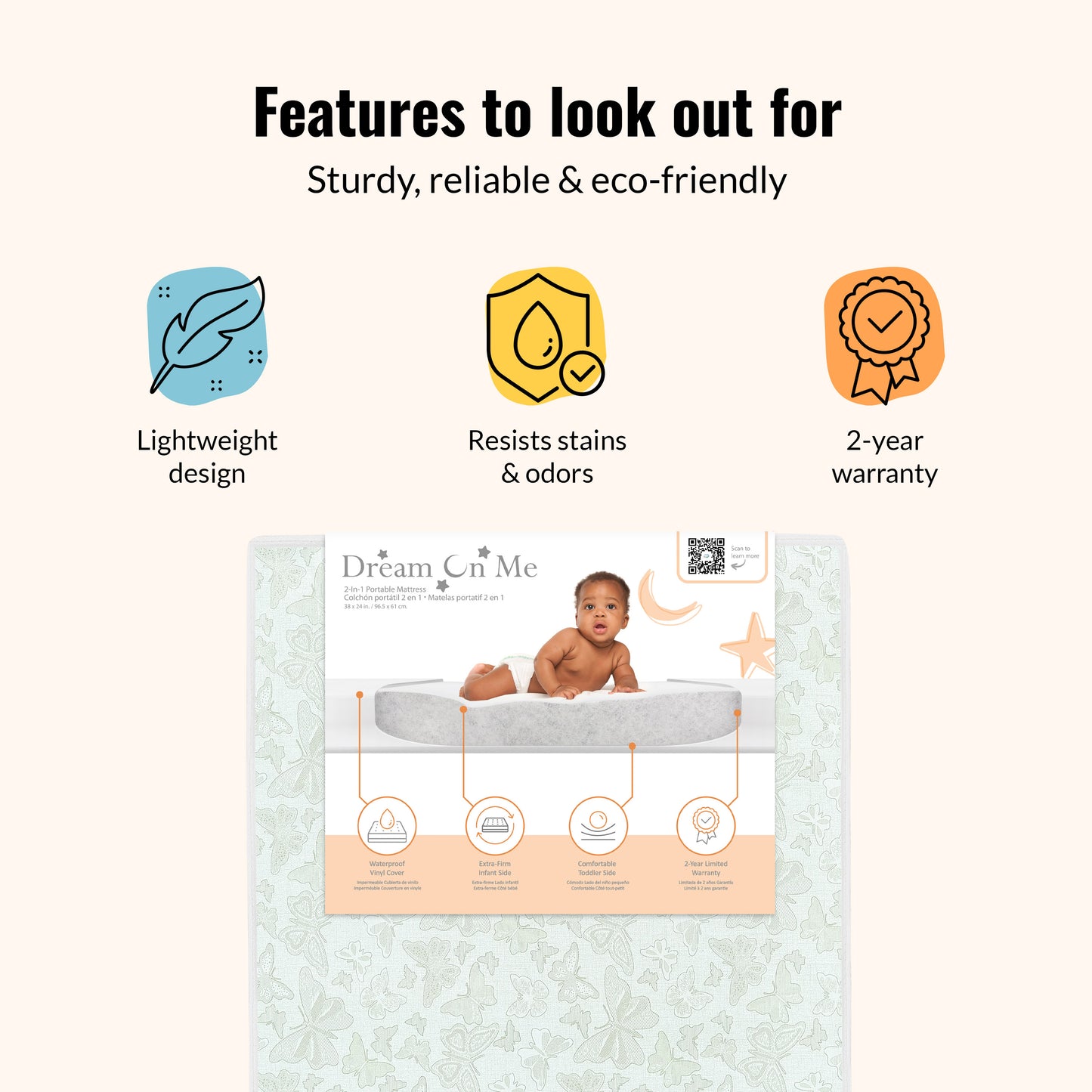 Dream On Me Butterfly 3 Inch Two-Sided Fiber Portable Mini Crib Mattress
