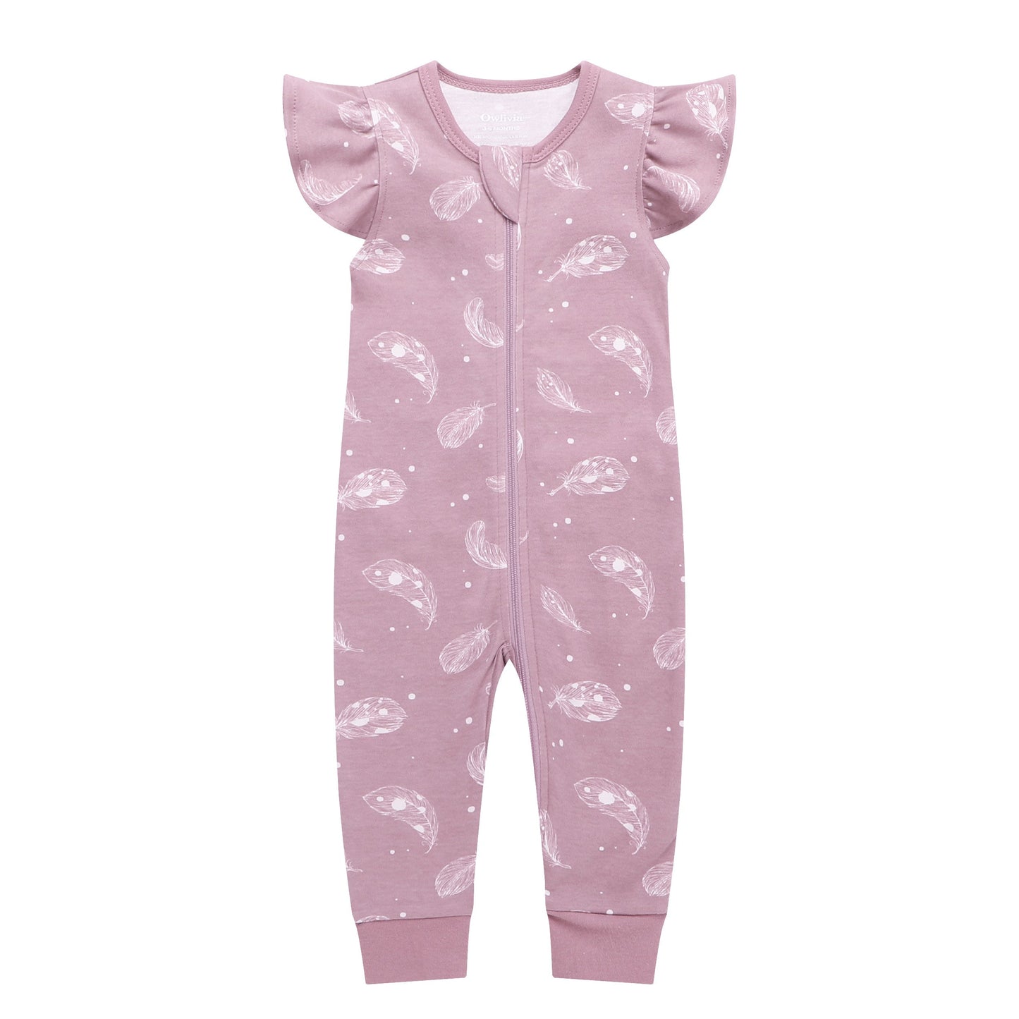 100% Organic Cotton Zip Footless Short Sleeve Pajamas - Ruffle Feather Mauve