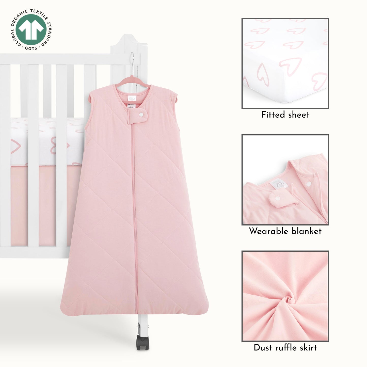 Evolur Baby Pink & Heart Print 3 Piece Mini Crib Bedding Set