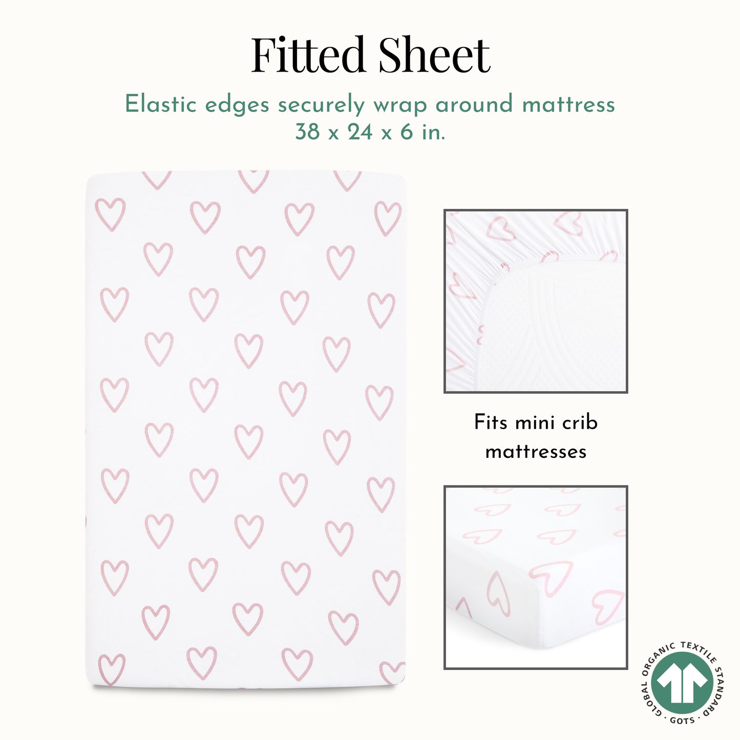 Evolur Baby Pink & Heart Print 3 Piece Mini Crib Bedding Set