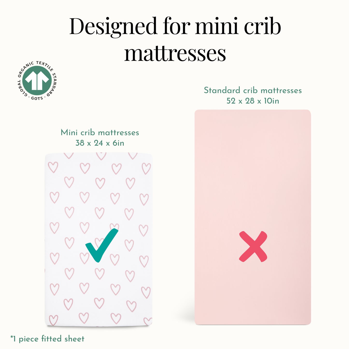 Evolur Baby Pink & Heart Print 3 Piece Mini Crib Bedding Set
