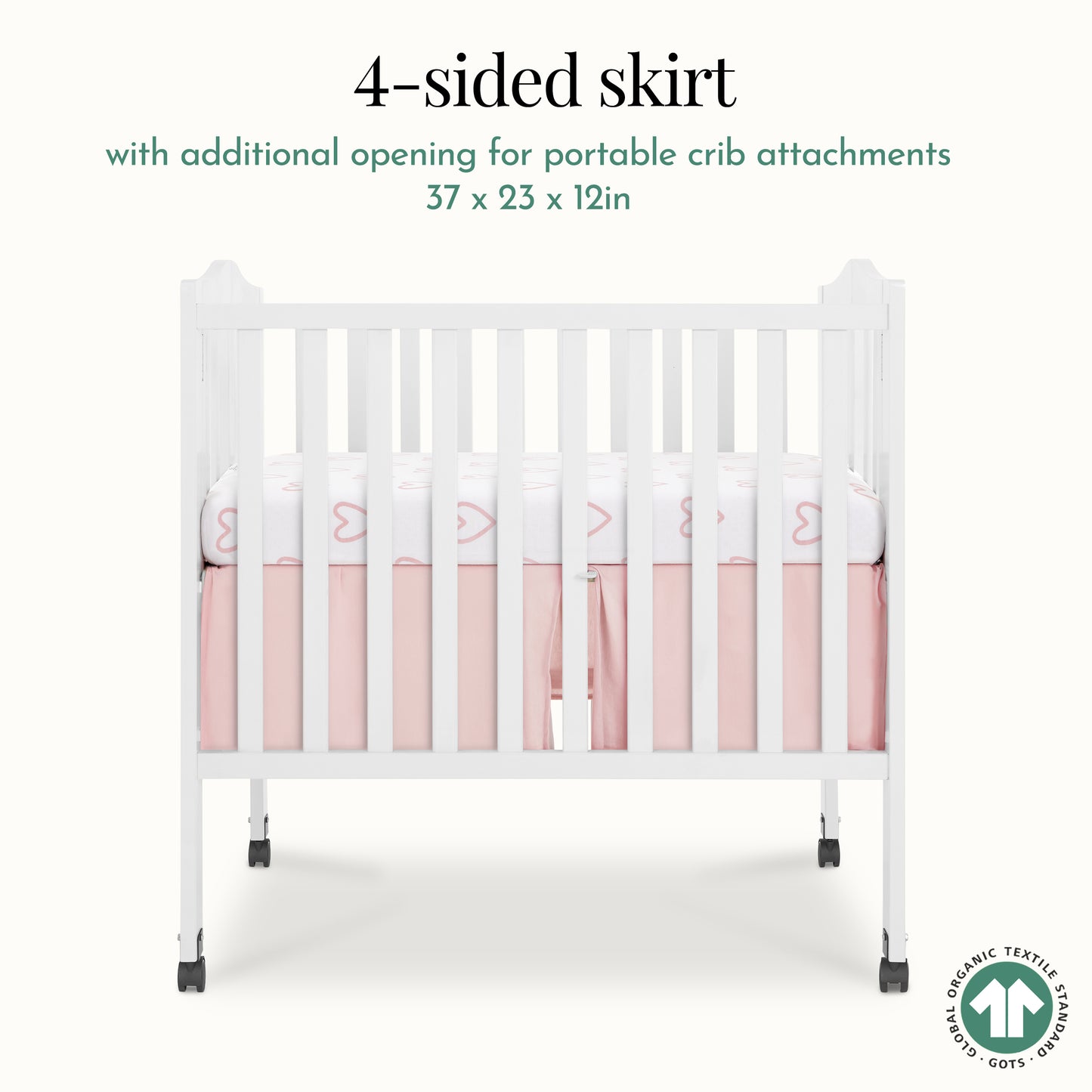 Evolur Baby Pink & Heart Print 3 Piece Mini Crib Bedding Set