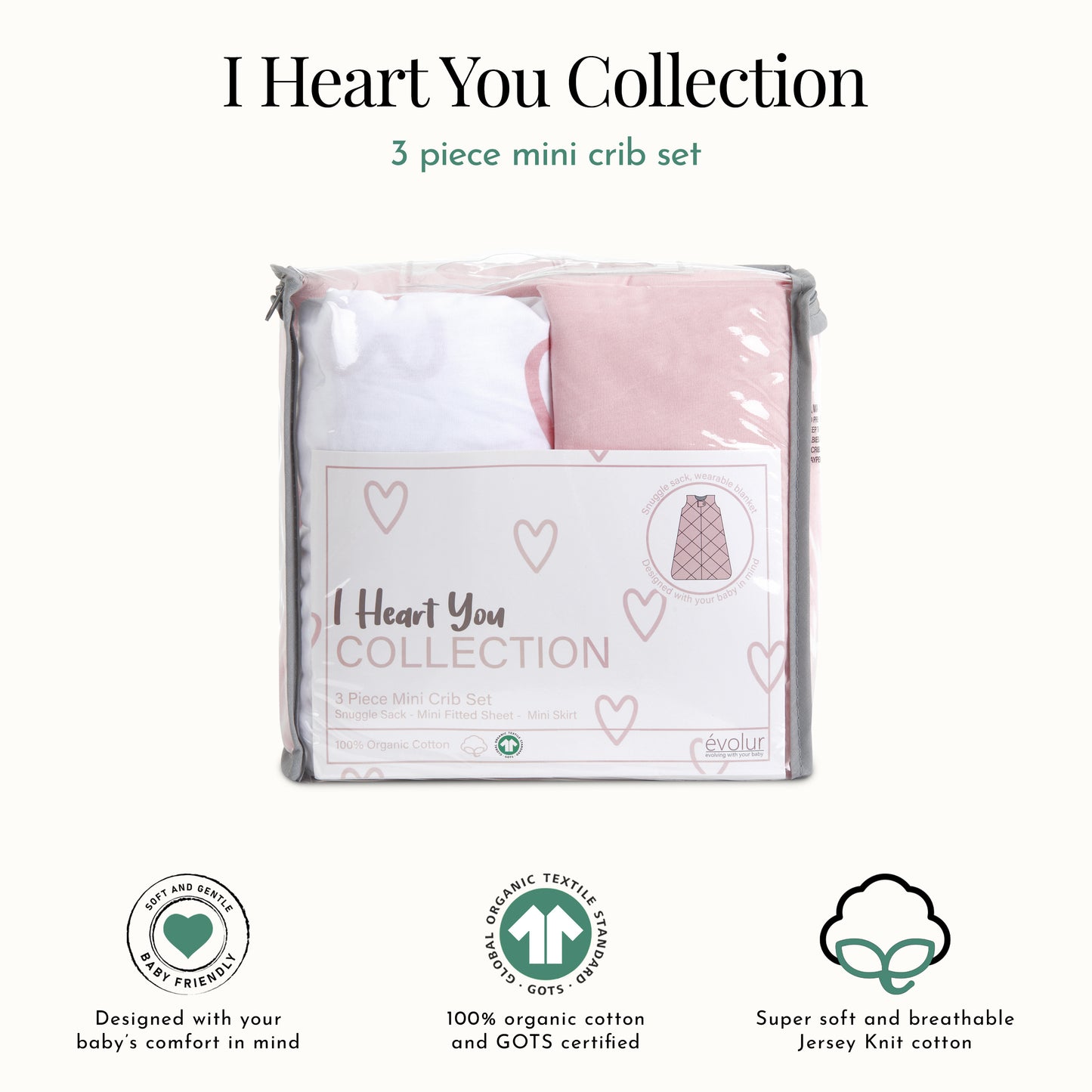 Evolur Baby Pink & Heart Print 3 Piece Mini Crib Bedding Set