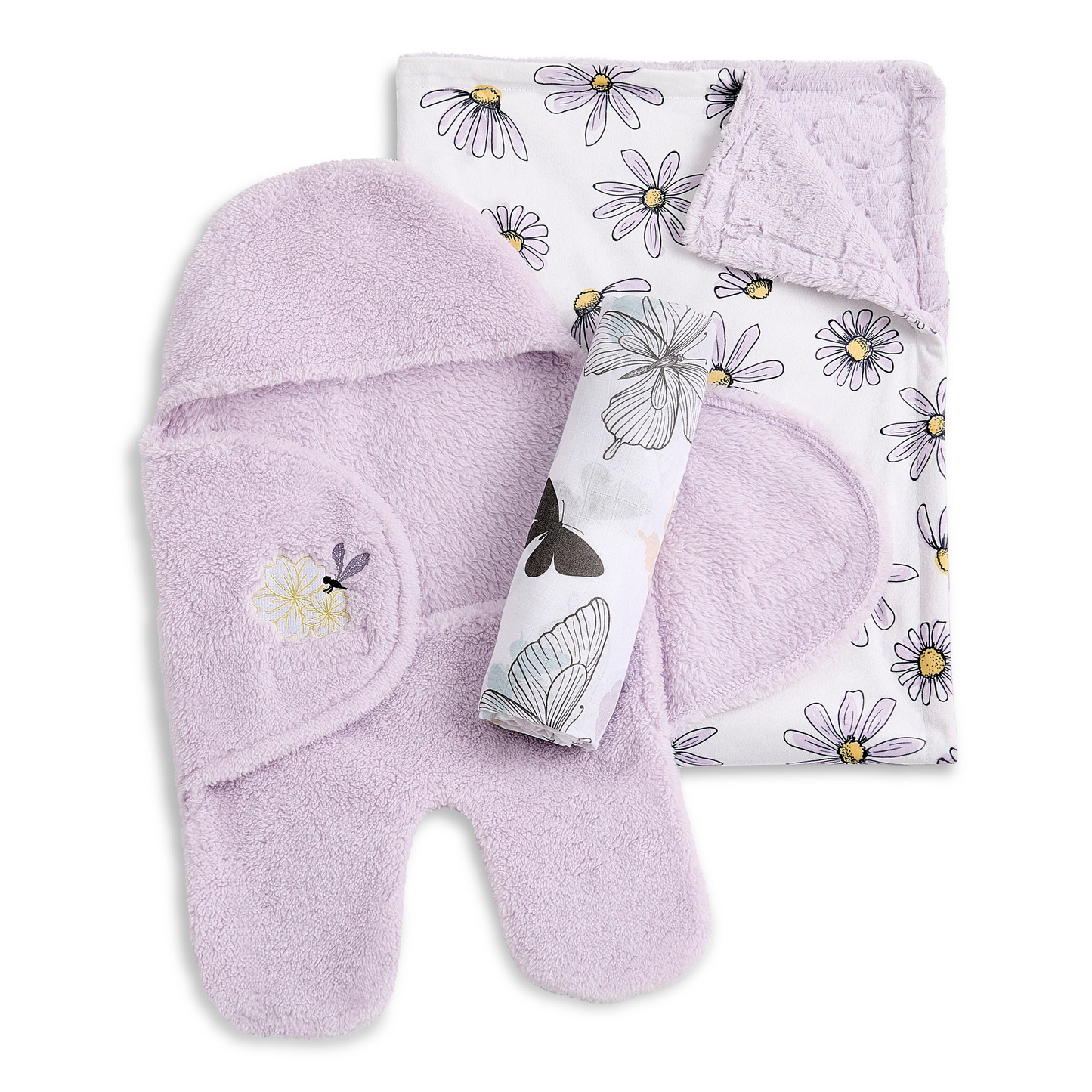 Evolur Secret Garden 3 pc Gift Set - Sherpa Sack Wrap, Bamboo Muslin Wrap & Velour Blanket