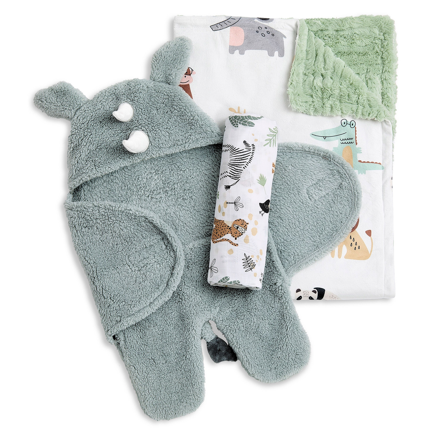 Evolur Safari Snuggles 3 pc Gift Set - Sherpa Sack Wrap, Bamboo Muslin Wrap & Velour Blanket