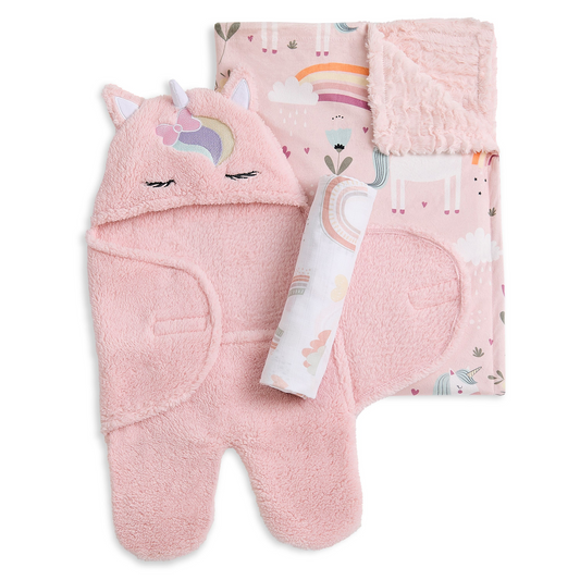 Evolur Enchanted Dreams 3 pc Gift Set - Sherpa Sack Wrap, Bamboo Muslin Wrap & Velour Blanket
