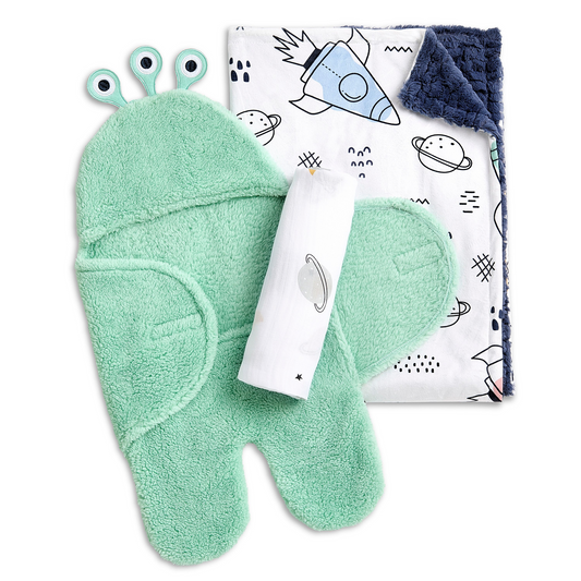 Evolur AstroNap 3 pc Gift Set - Sherpa Sack Wrap, Bamboo Muslin Wrap & Velour Blanket
