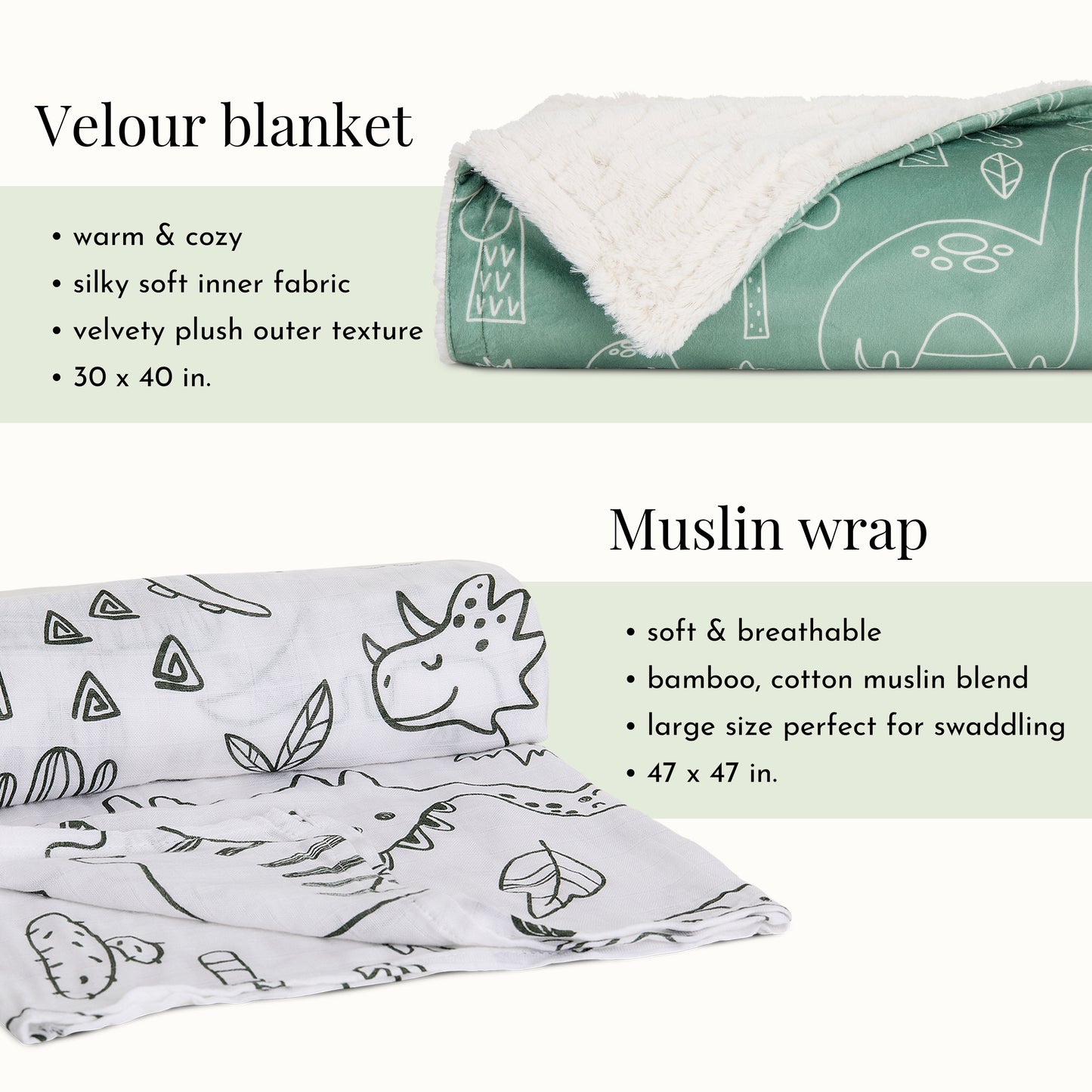 Evolur Roar & Snore 3 pc Gift Set - Sherpa Sack Wrap, Bamboo Muslin Wrap & Velour Blanket