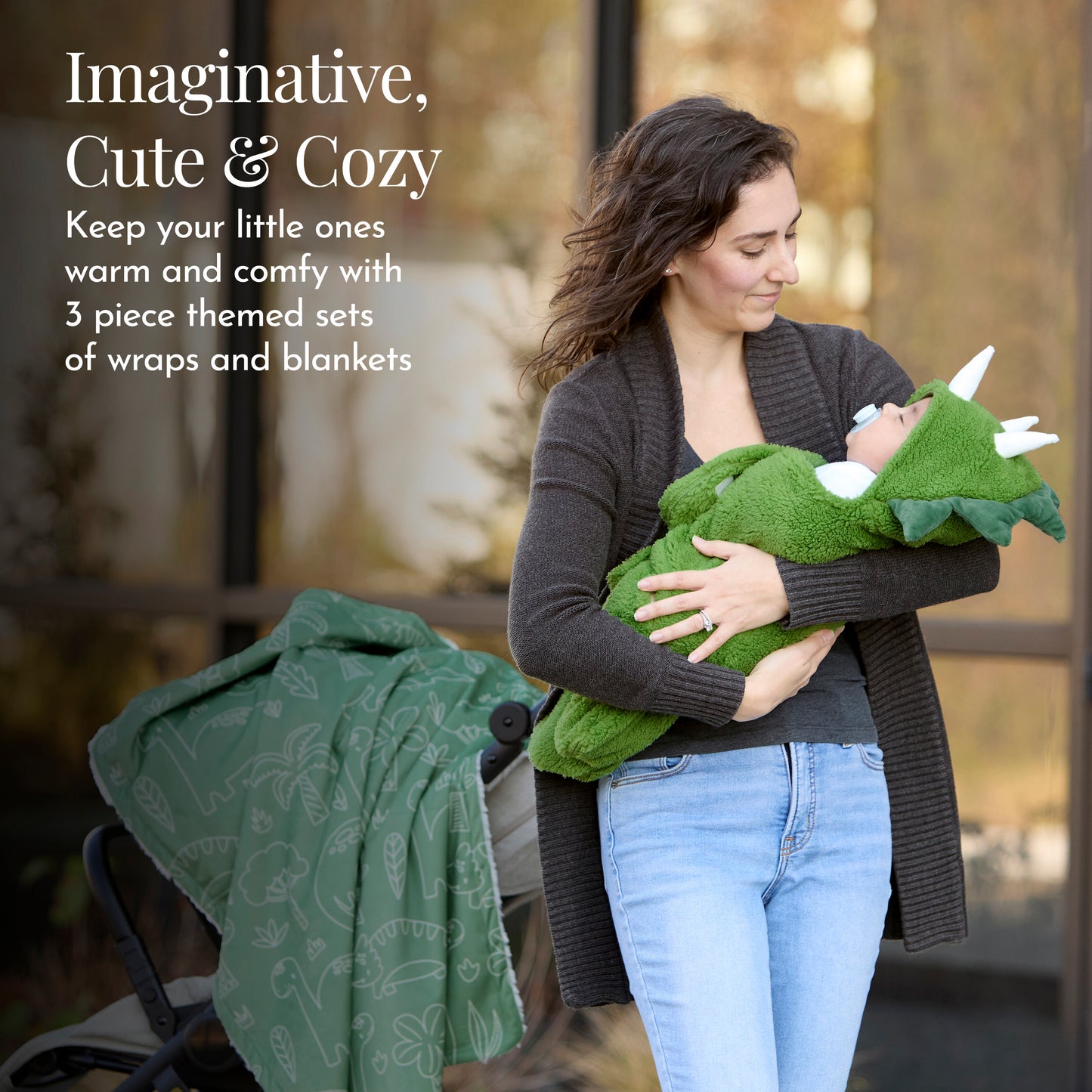 Evolur Roar & Snore 3 pc Gift Set - Sherpa Sack Wrap, Bamboo Muslin Wrap & Velour Blanket