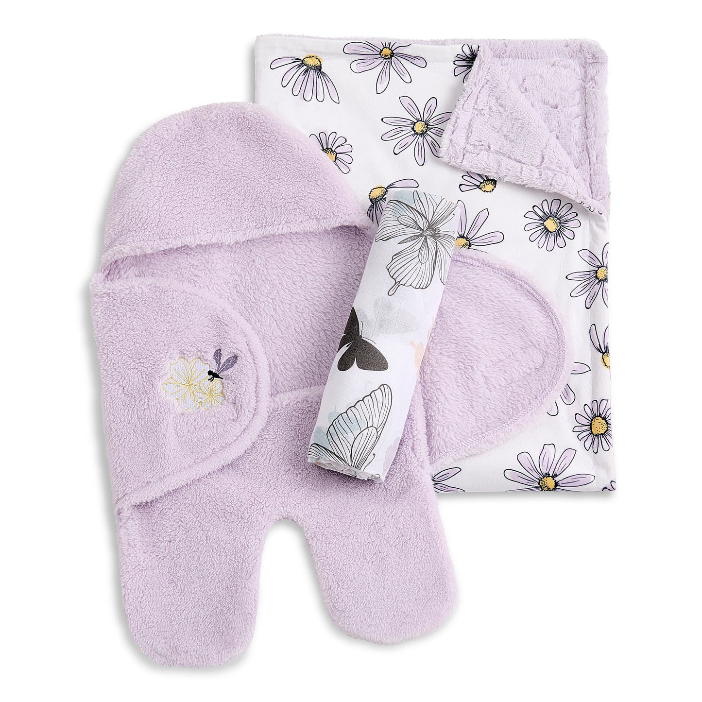 Evolur Secret Garden 3 pc Gift Set - Sherpa Sack Wrap, Bamboo Muslin Wrap & Velour Blanket