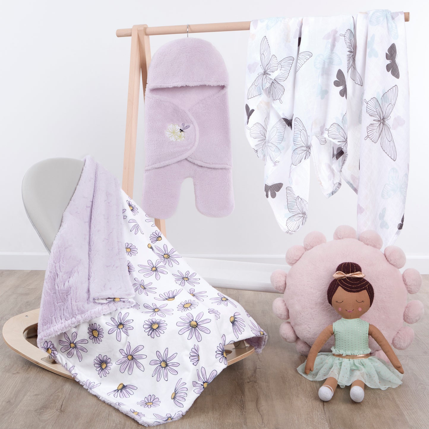 Evolur Secret Garden 3 pc Gift Set - Sherpa Sack Wrap, Bamboo Muslin Wrap & Velour Blanket