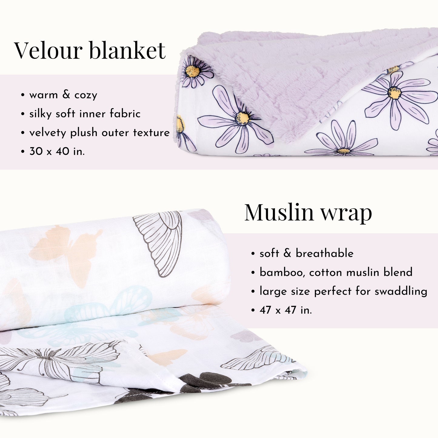 Evolur Secret Garden 3 pc Gift Set - Sherpa Sack Wrap, Bamboo Muslin Wrap & Velour Blanket