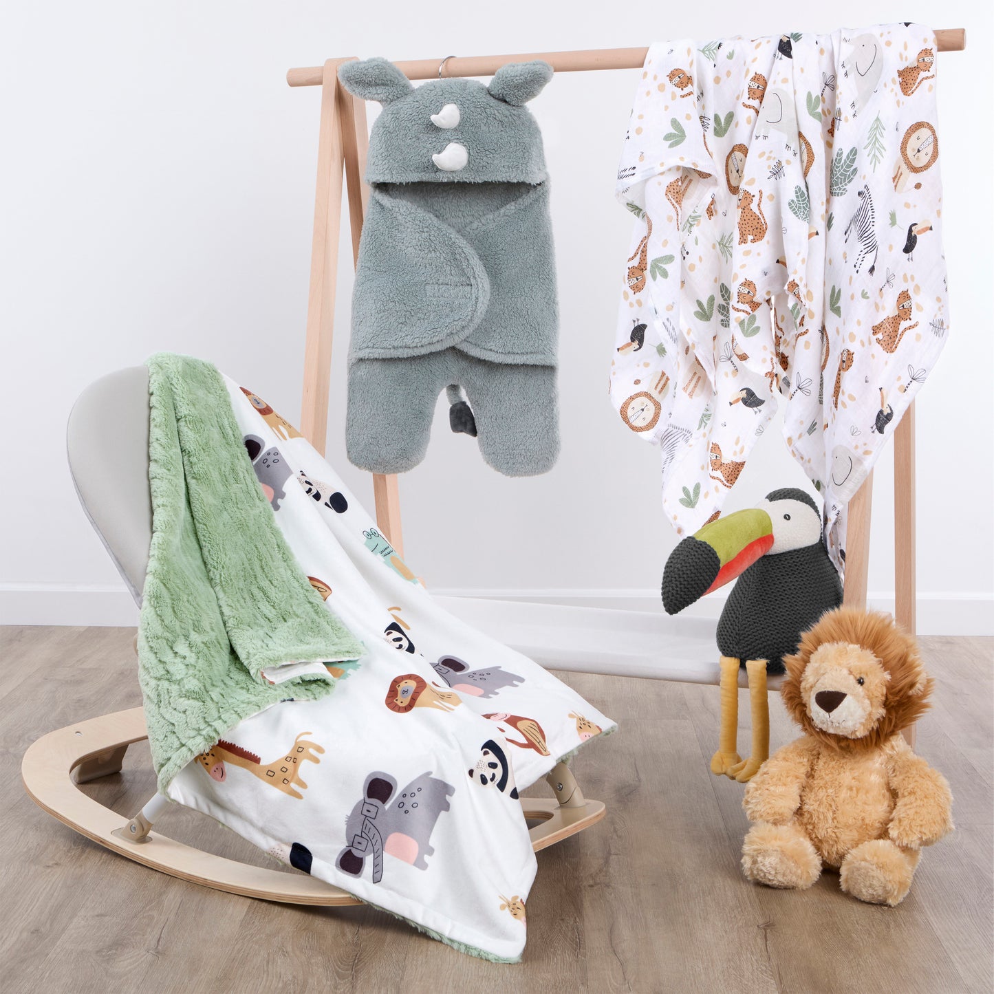 Evolur Safari Snuggles 3 pc Gift Set - Sherpa Sack Wrap, Bamboo Muslin Wrap & Velour Blanket