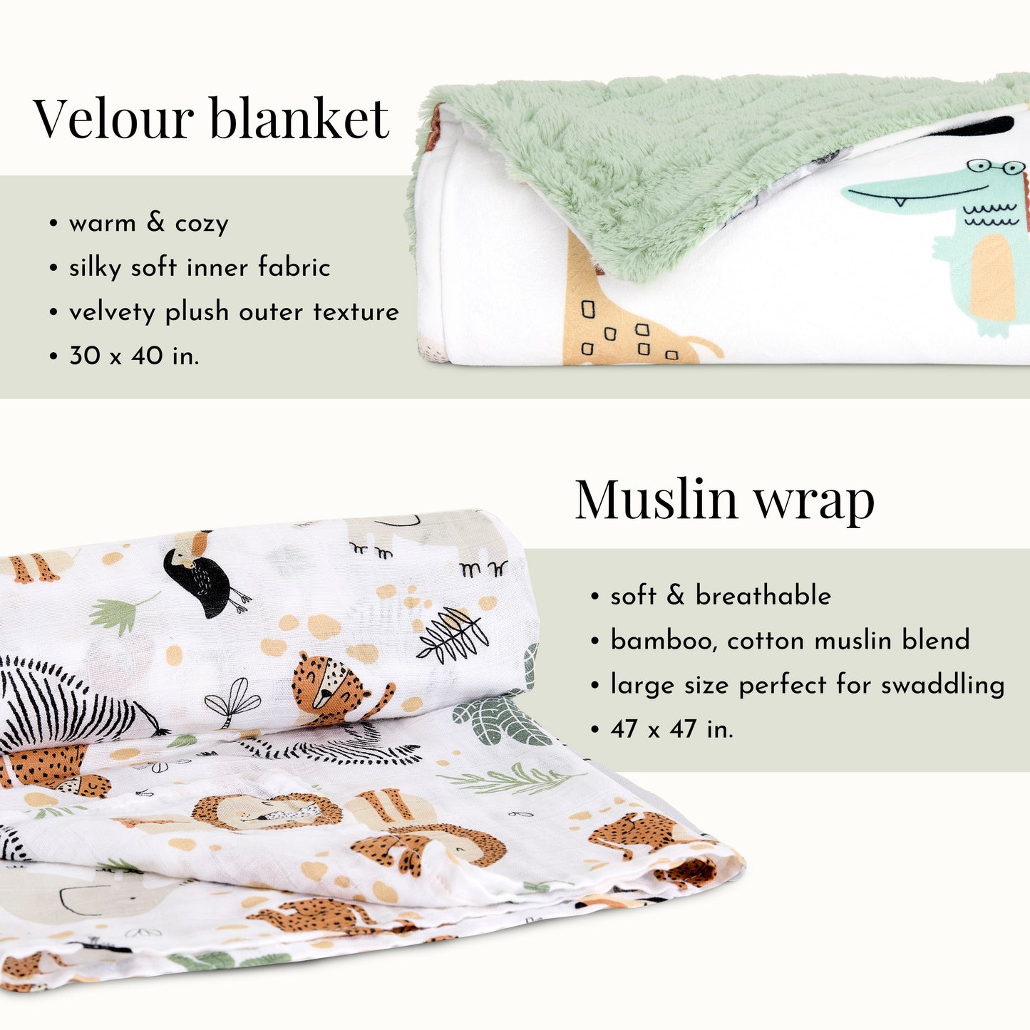 Evolur Safari Snuggles 3 pc Gift Set - Sherpa Sack Wrap, Bamboo Muslin Wrap & Velour Blanket