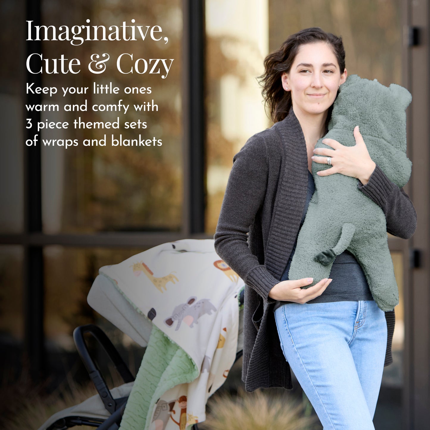 Evolur Safari Snuggles 3 pc Gift Set - Sherpa Sack Wrap, Bamboo Muslin Wrap & Velour Blanket
