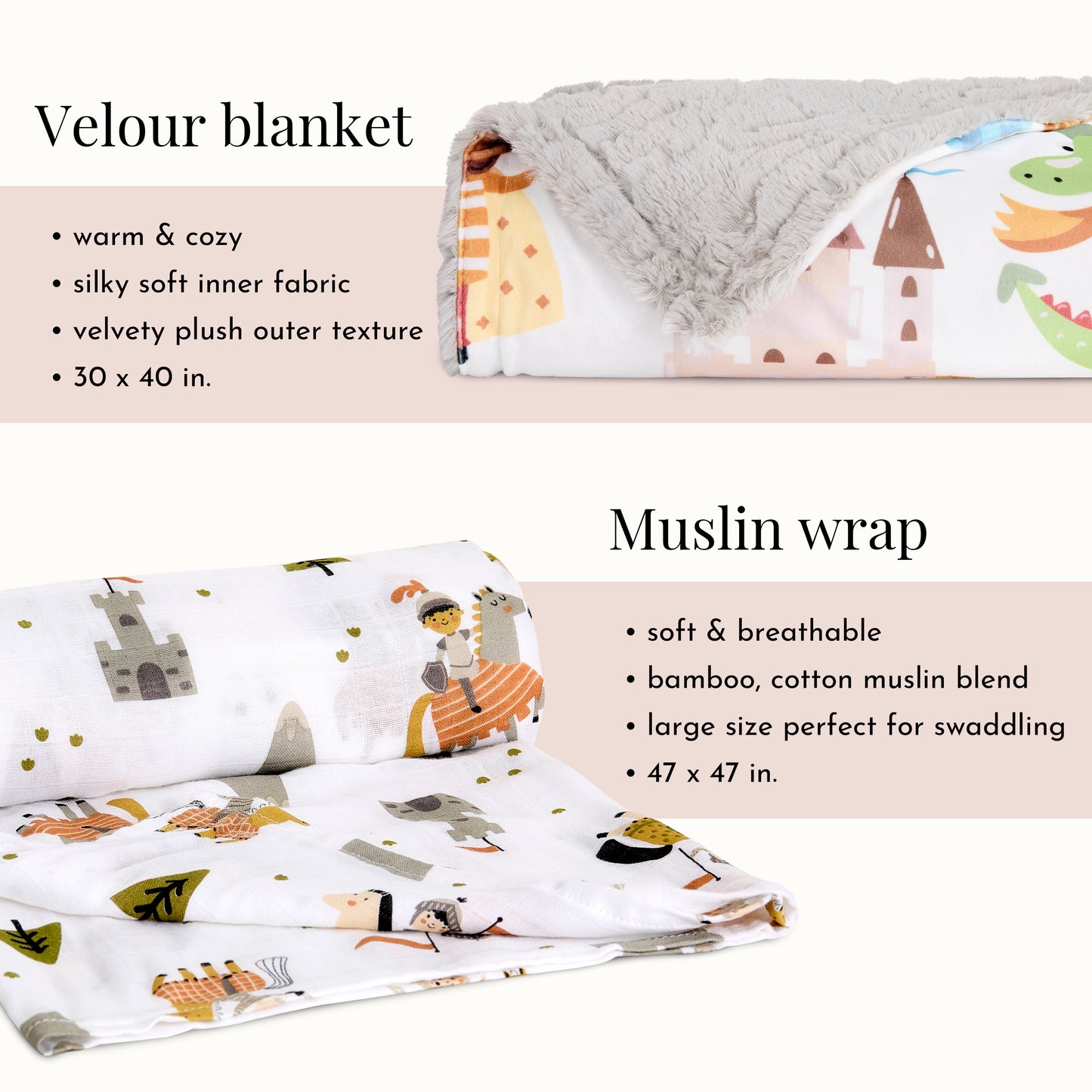 Evolur Good Knight 3 pc Gift Set - Sherpa Sack Wrap, Bamboo Muslin Wrap & Velour Blanket