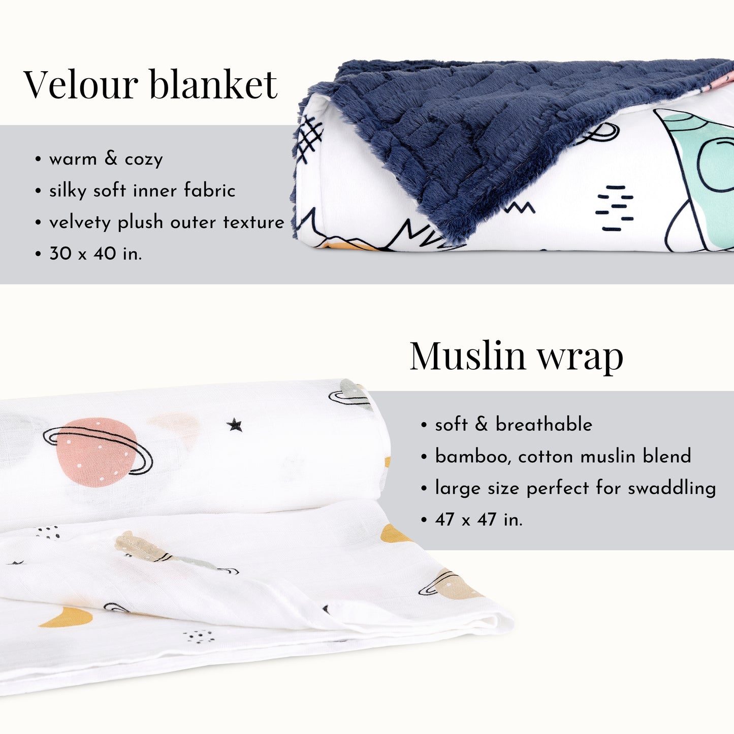 Evolur AstroNap 3 pc Gift Set - Sherpa Sack Wrap, Bamboo Muslin Wrap & Velour Blanket