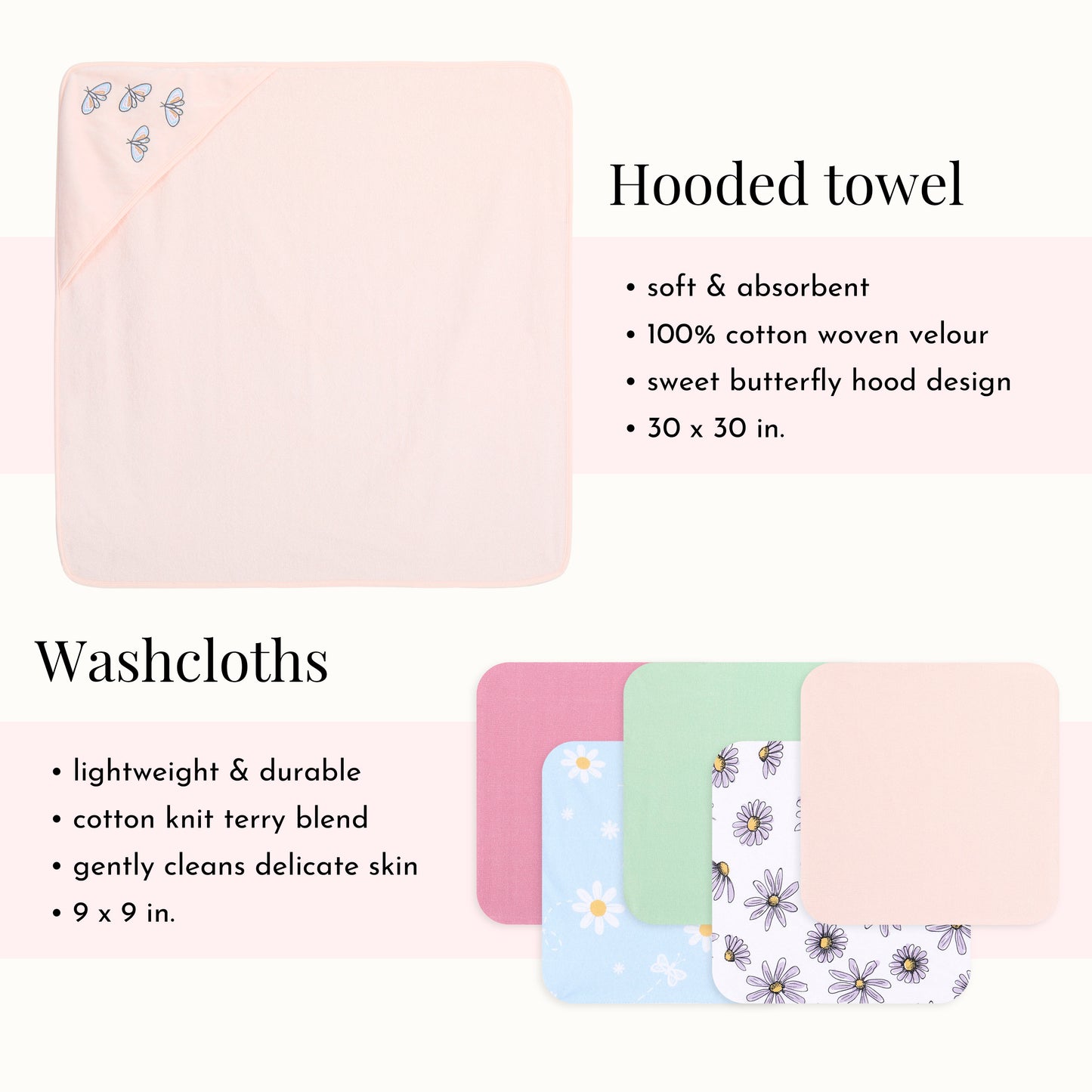 Evolur Secret Garden 6 pc Gift Set - Hooded Towel & 5pc Wash Cloths