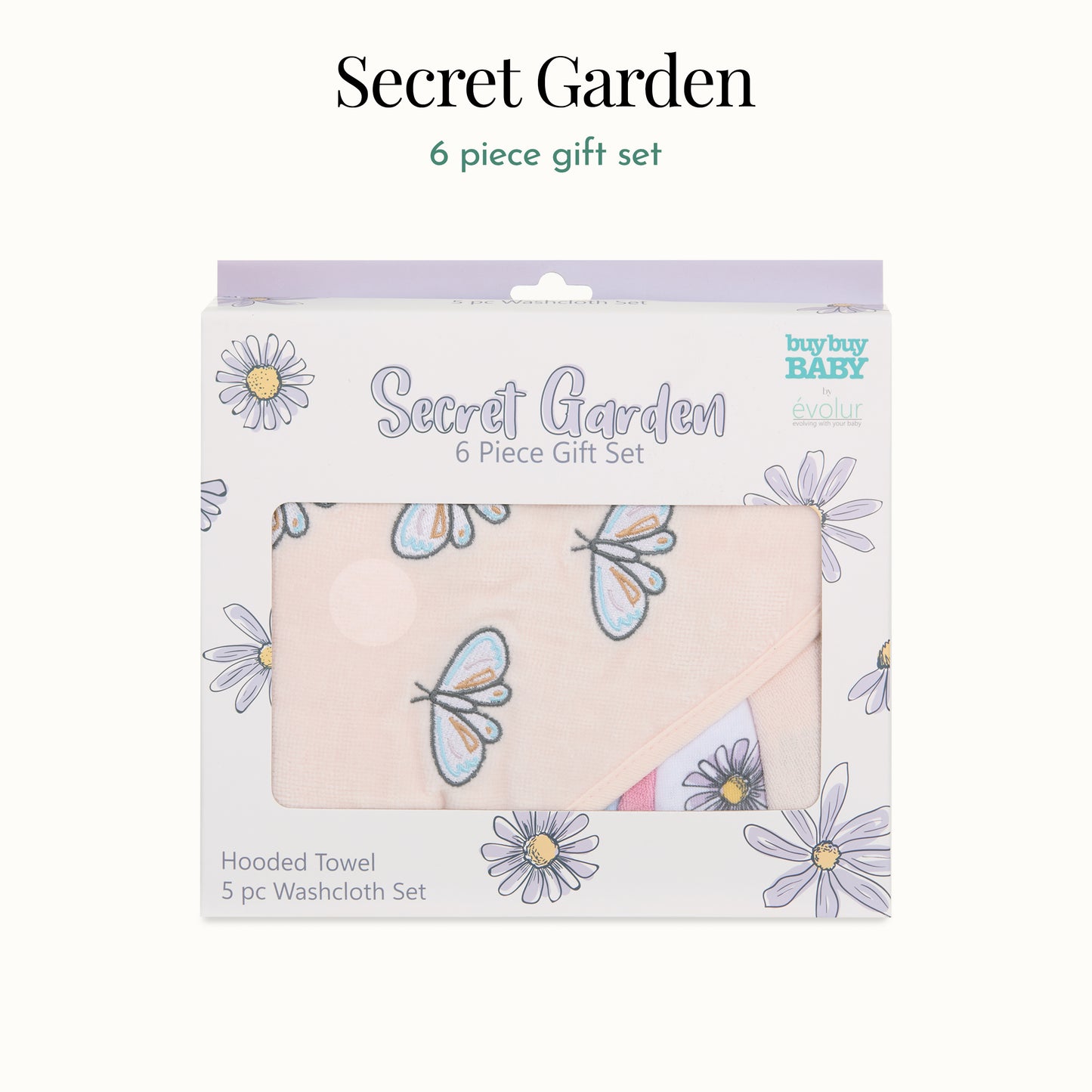 Evolur Secret Garden 6 pc Gift Set - Hooded Towel & 5pc Wash Cloths