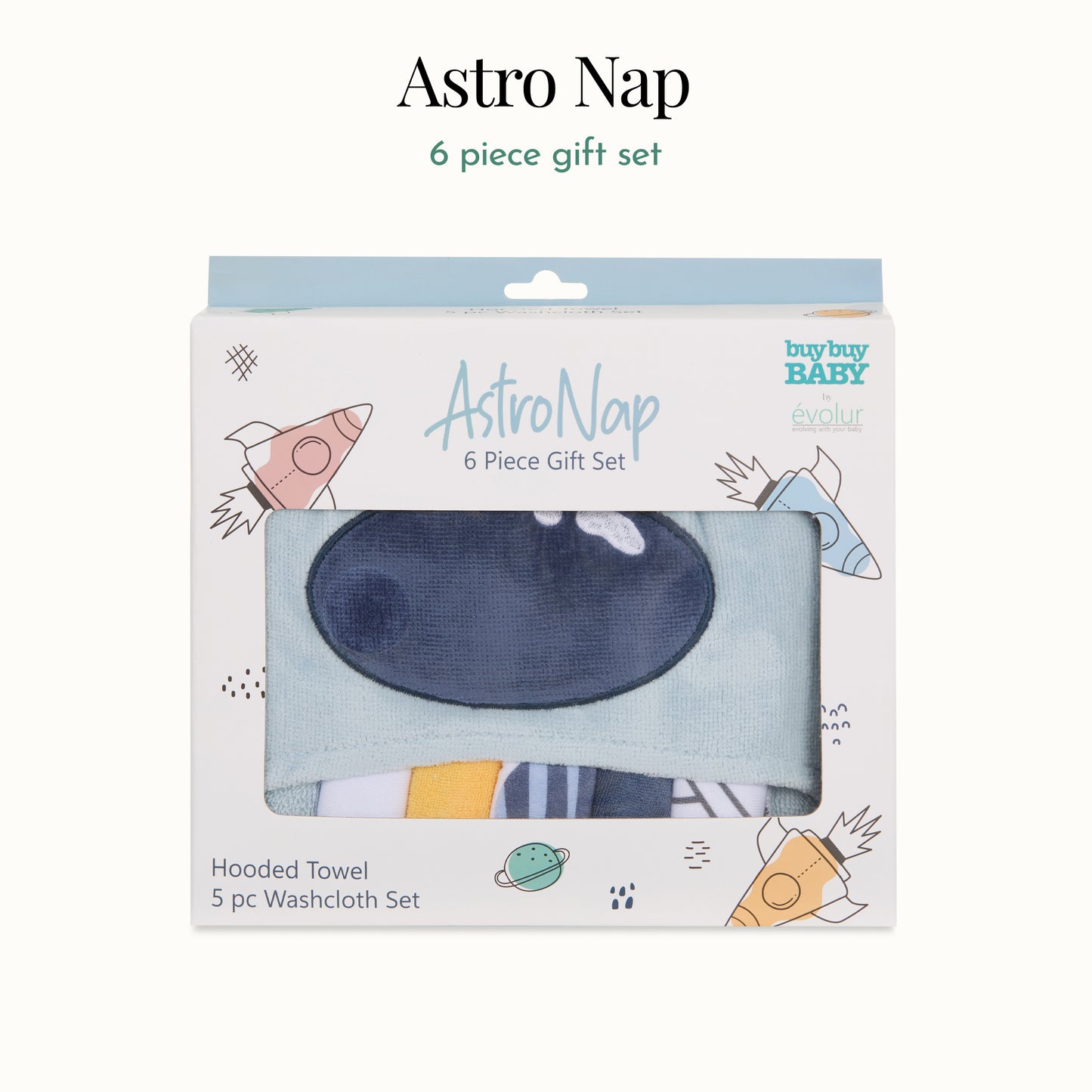 Evolur AstroNap 6 pc Gift Set - Hooded Towel & 5pc Wash Cloths