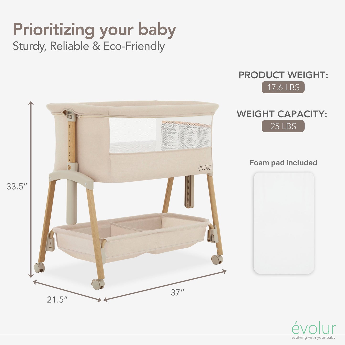 Evolur Lullaby Portable Bassinet with wheels