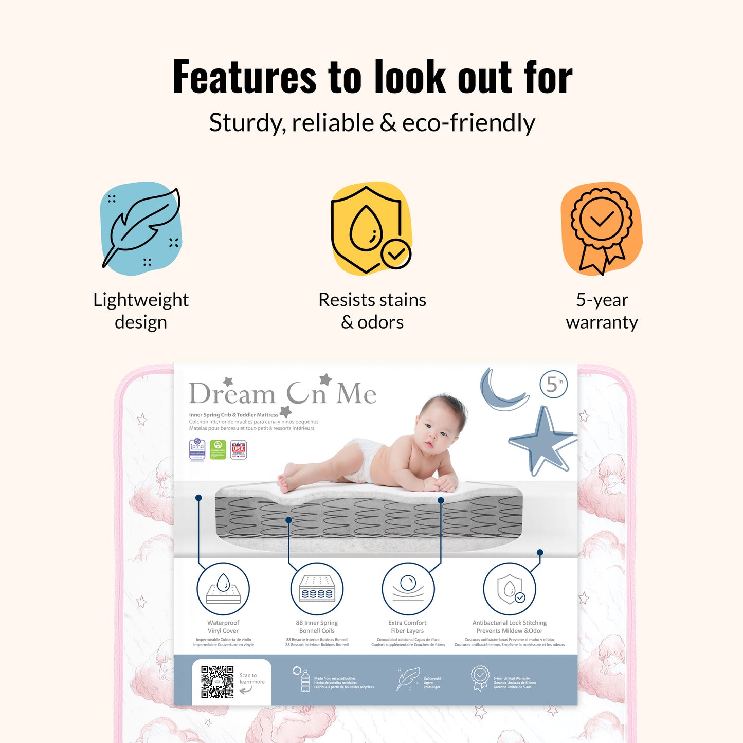 Dream On Me Twilight 5" 80 Coil Spring Crib and Toddler Bed Mattress