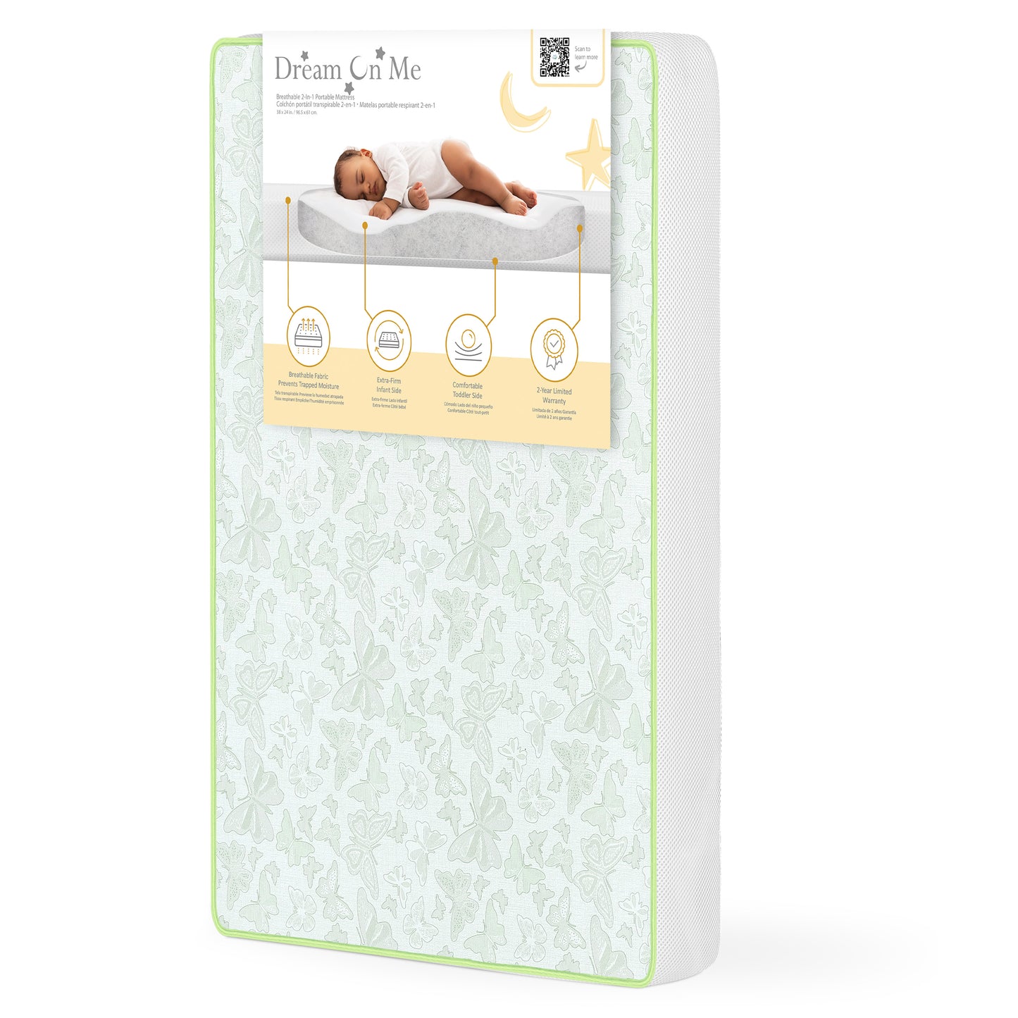 Dream On Me 2-In-1 Breathable Two-Sided, Portable Crib Fiber Mattress in White & Green