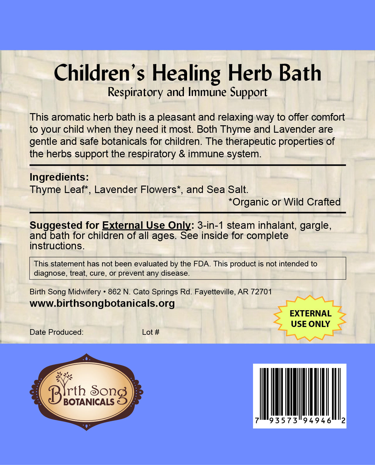 Birth Song Botanicals Co. Children's Healing Herb Bath for Lung Congestion- Bath, Steam & Gargle