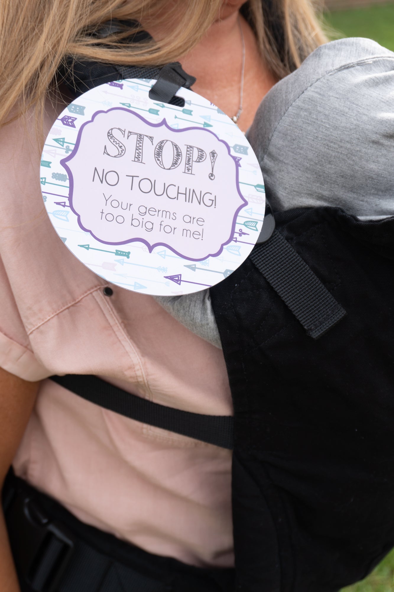 Blue Arrows No Touching Newborn Baby Car Seat Sign Tag