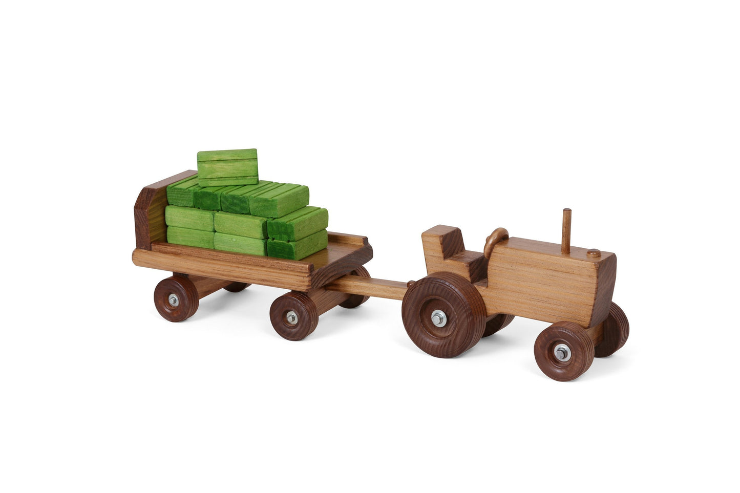 Amish Wooden Toy Tractor and Wagon Set with Hay Bales