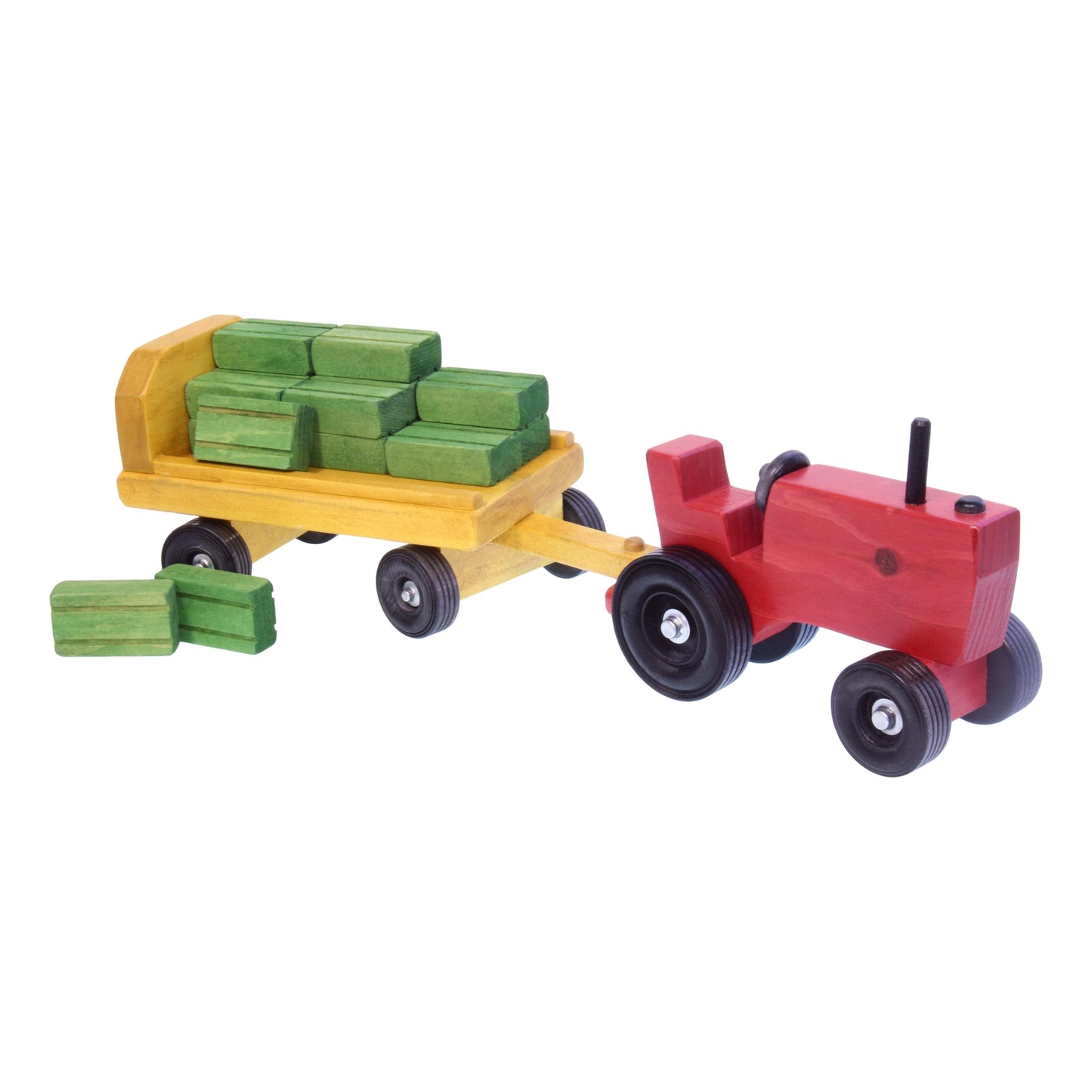 Amish Wooden Toy Tractor and Wagon Set with Hay Bales