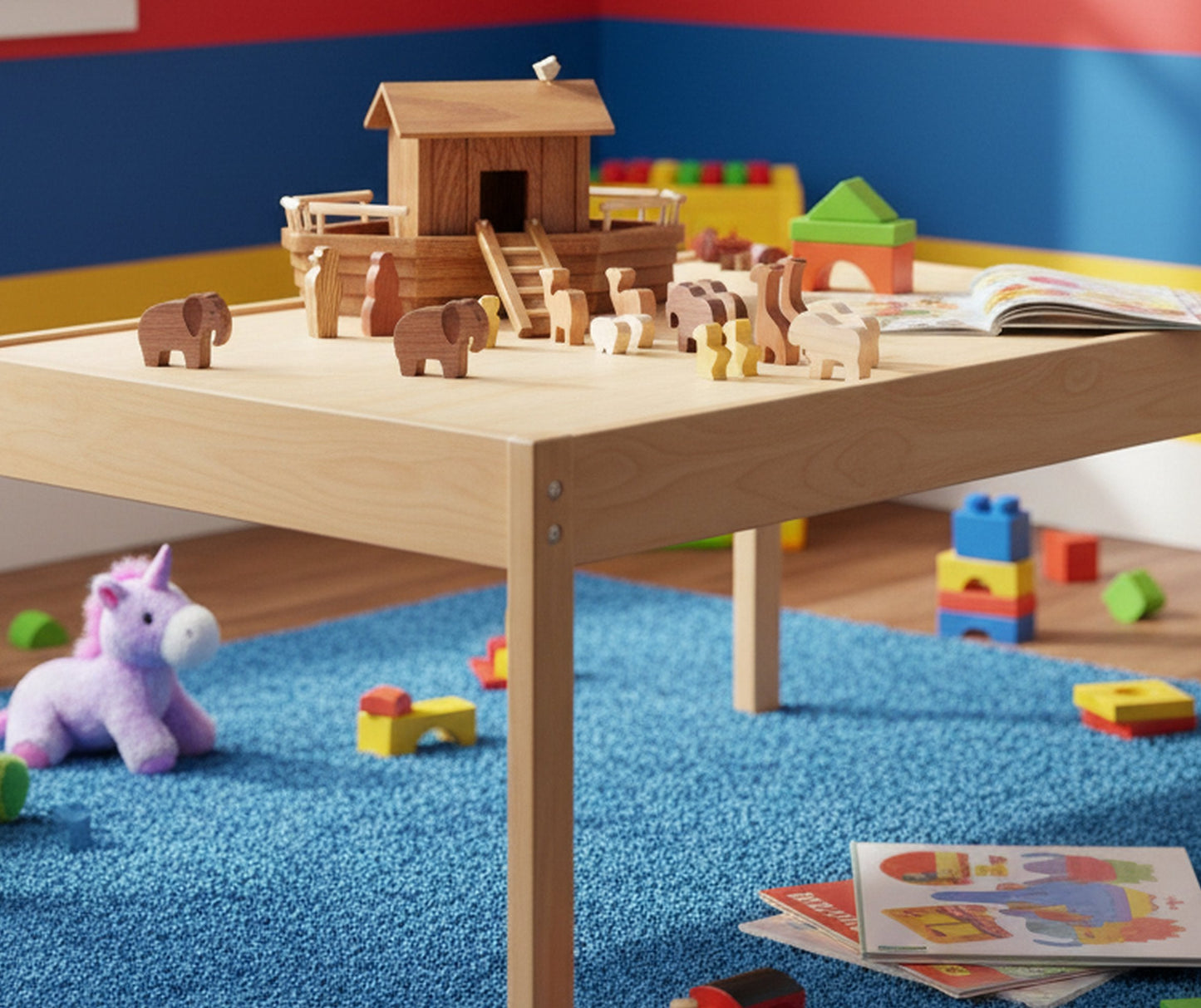 Amish Noah's Ark Wooden Playset with 13 Animals, Removable Roof and Ramp