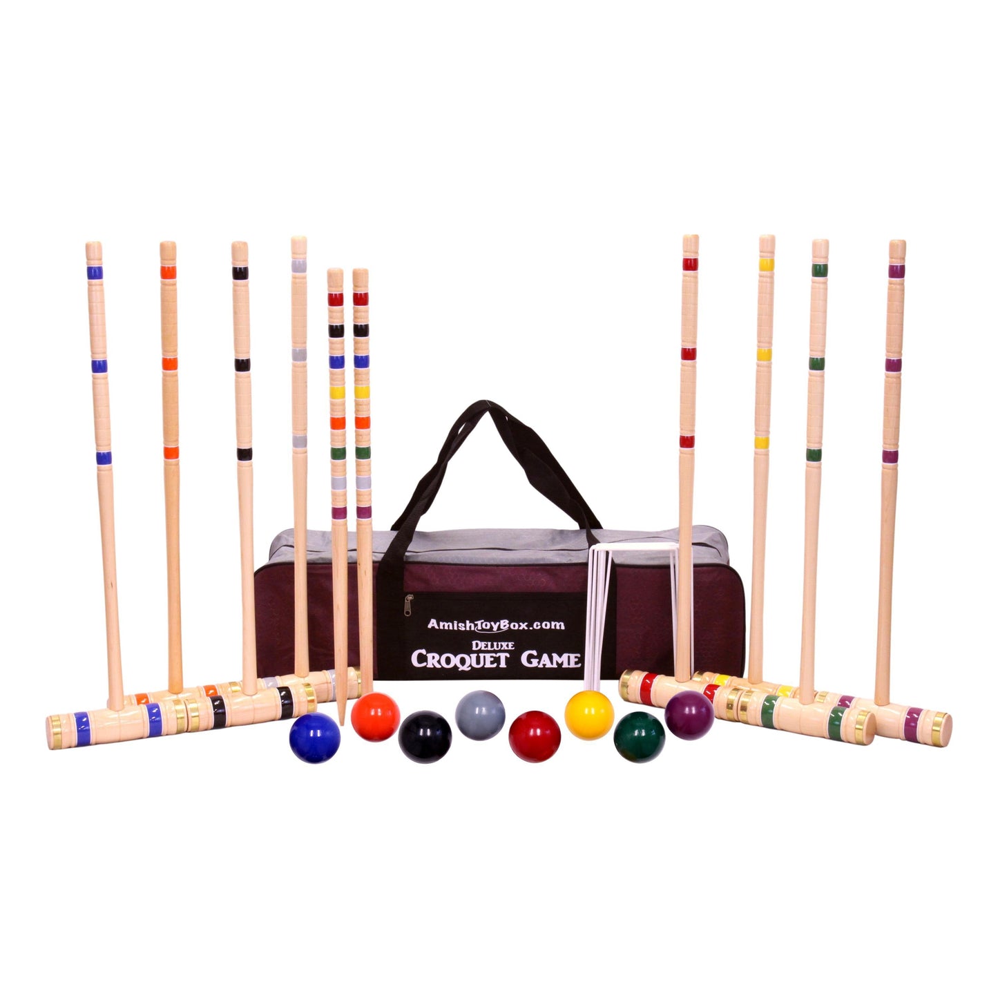 Amish Deluxe 8-Player Croquet Game Set Wooden Holder or Duffel Carry Bag