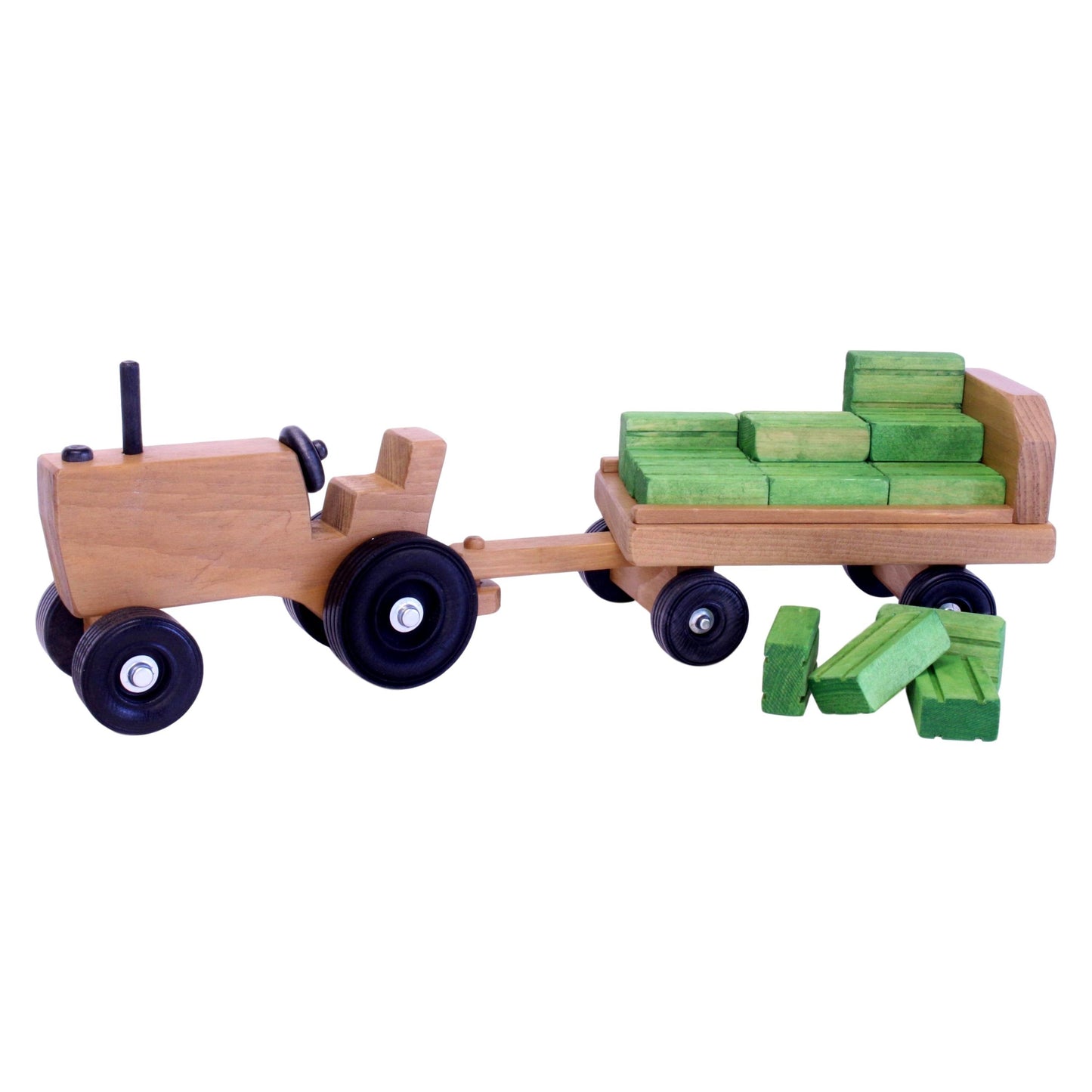 Amish Wooden Toy Tractor and Wagon Set with Hay Bales