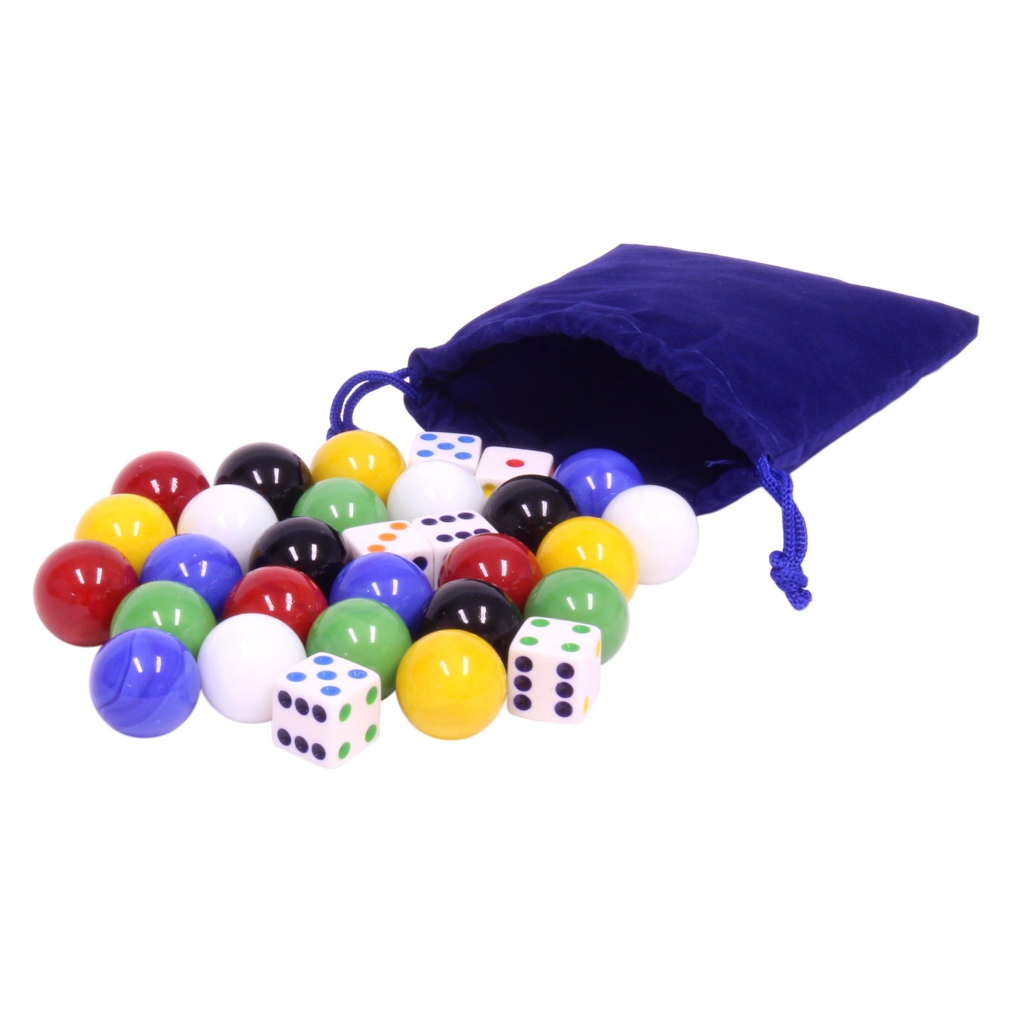 AmishGame Bag of 24 Large Glass 7/8" (22mm Diameter) Marbles and 6 Dice