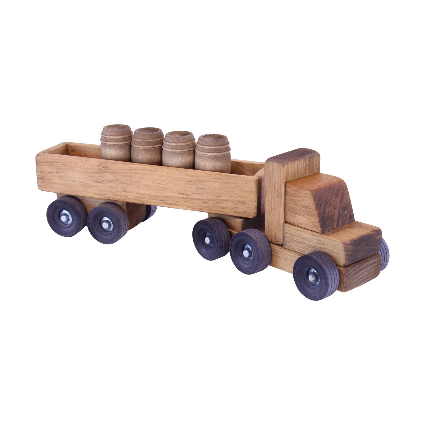 Amish Wooden Barrel Truck Toy With Removable Wood Barrels Child-Safe Harvest Stain Finish