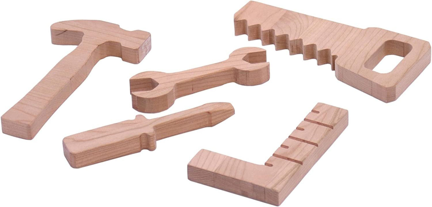 AmishKid's Play Tool Box Toy Set, 6 Piece Wooden Toy Tool Set, Unfinished