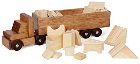 Amish Large Semi Truck and Trailer Wooden Toy Set - with 30 Building Blocks